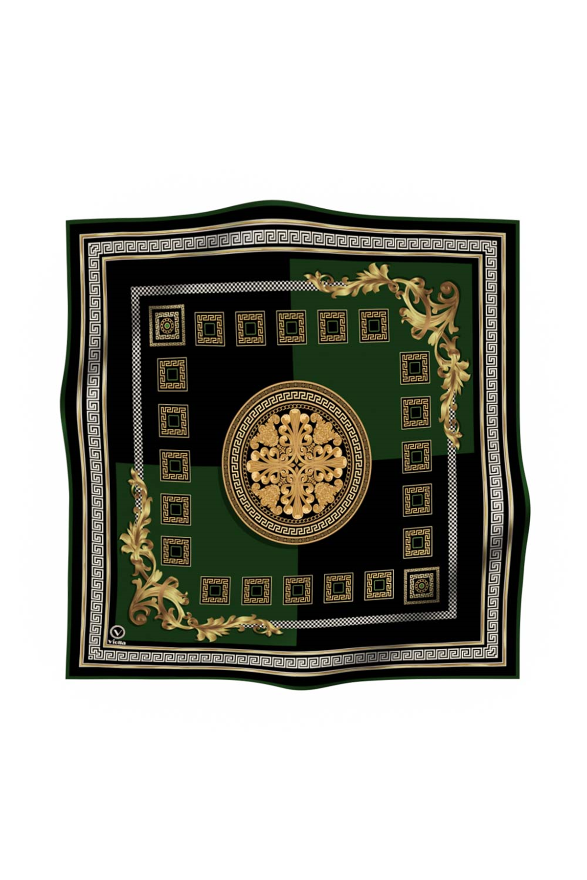 Twill Barok Desenli Zümrüt Yeşili Renkli 90x90 Eşarp (İpek İçermez) Kenar Dikiş Şekli El Dikişli