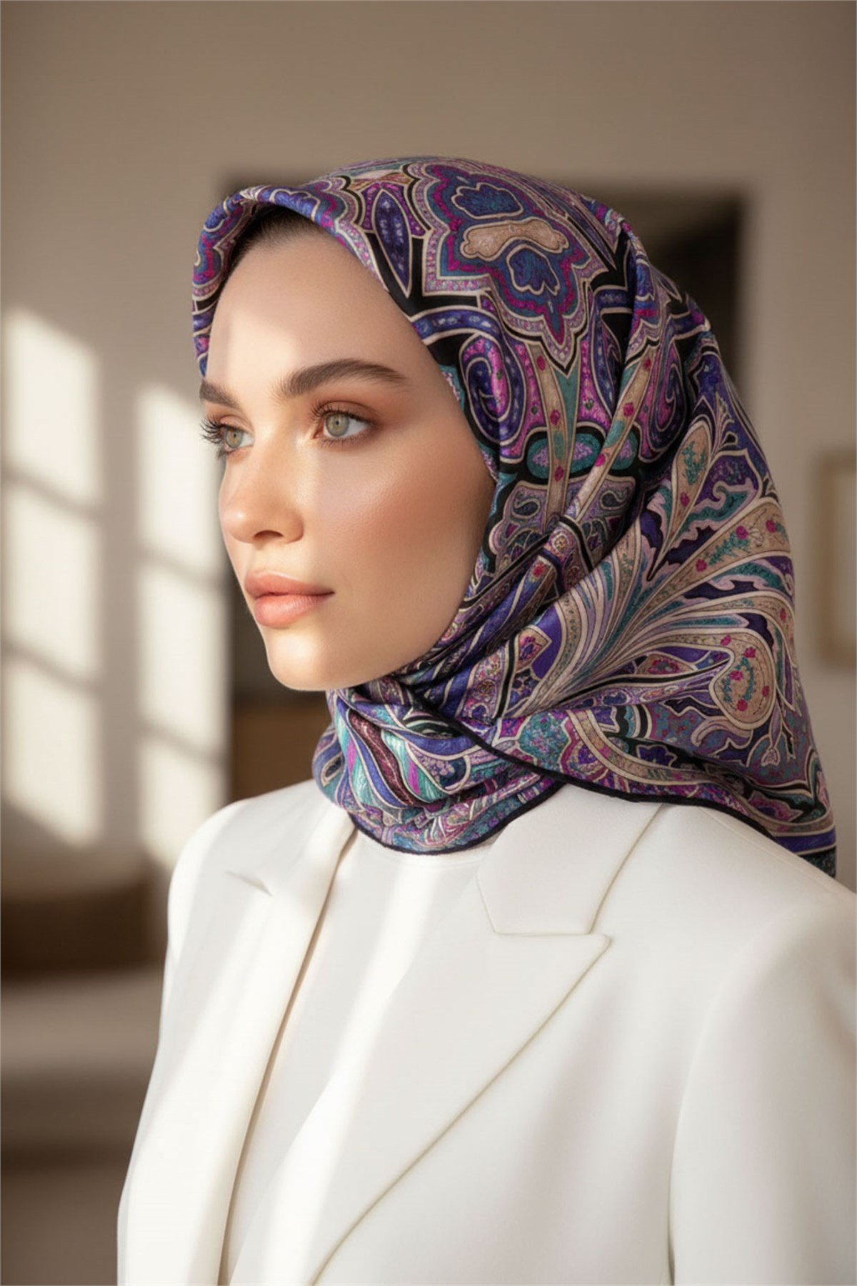 100% Twill İpek Etnik Desenli Mor - Petrol Yeşili Renkli 90x90 Dikim Şekli : El Dikişi Eşarp