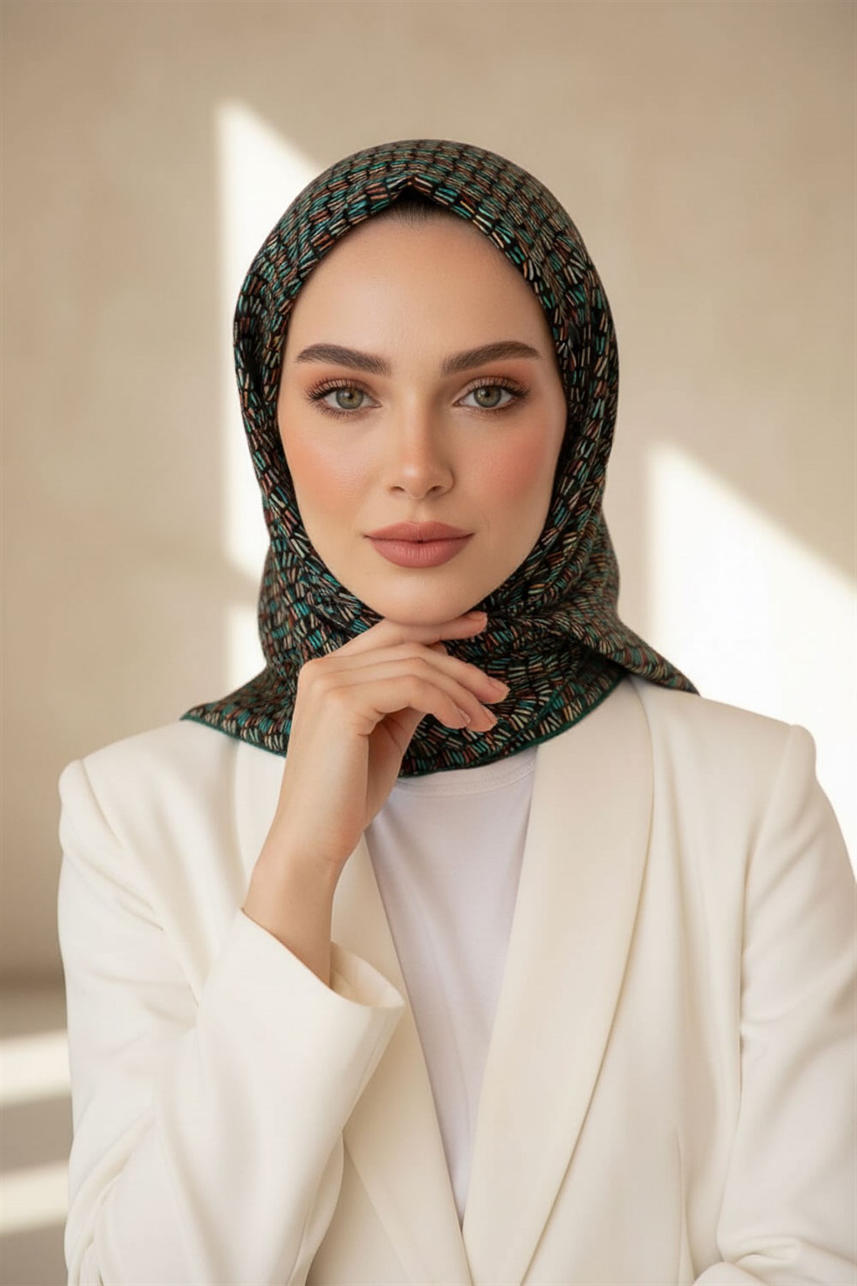 %100 Twill İpek Çizgi Desenli Siyah - Petrol Yeşili Renkli 90x90 Eşarp Dikim Şekli : El Dikişi
