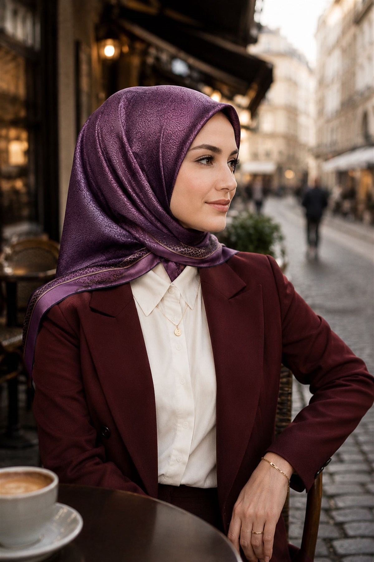 %100 Twill Barok Desenli Lila Renkli 90x90 Eşarp Dikim Şekli: El Dikişi