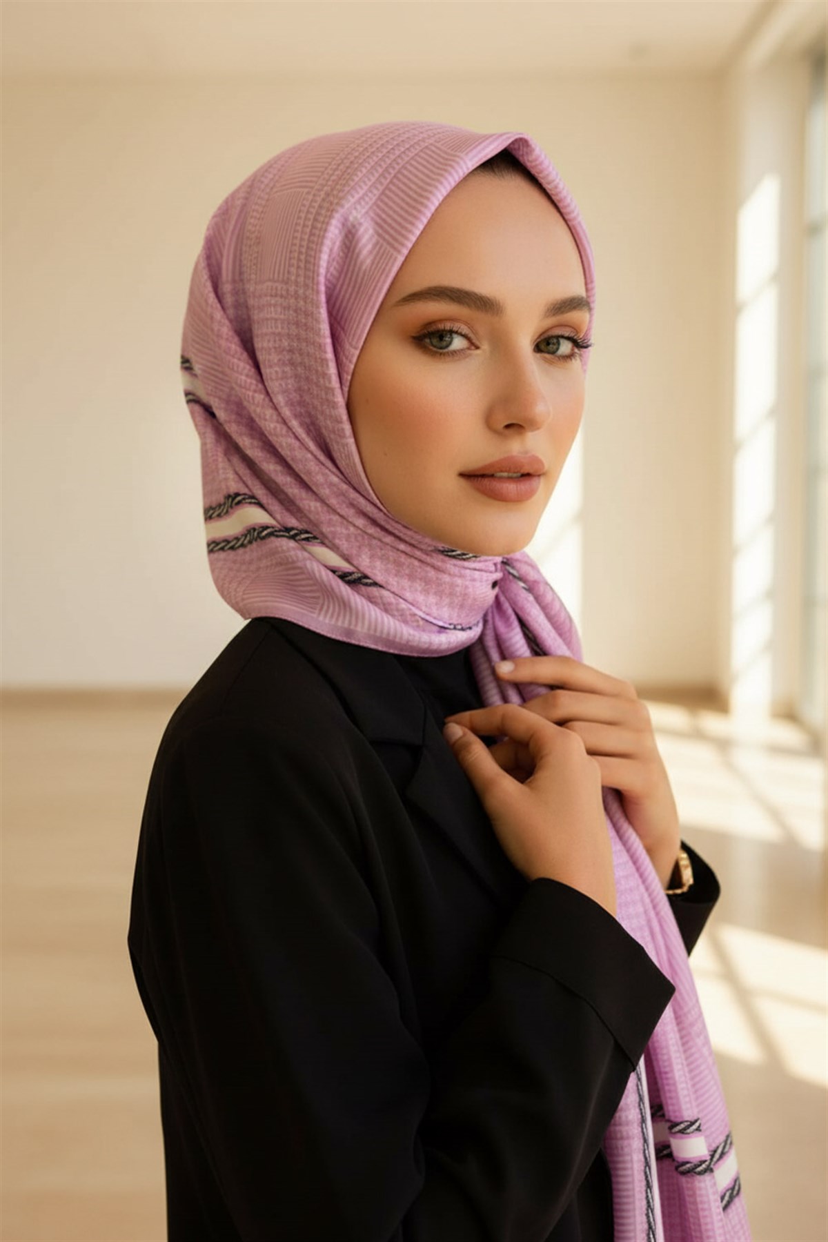%100 Saf İpek Şal İnce Saten Vual Dokuma Doku Desenli 90x210 Şal