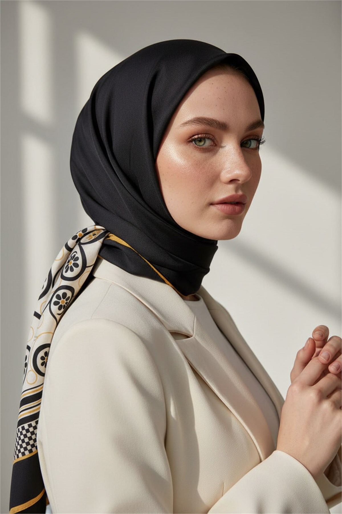KREP KENAR MOTİFİ ÇİÇEK DESENLİ SİYAH - GOLD RENKLİ 75X195 KIRIŞMAZ ŞAL