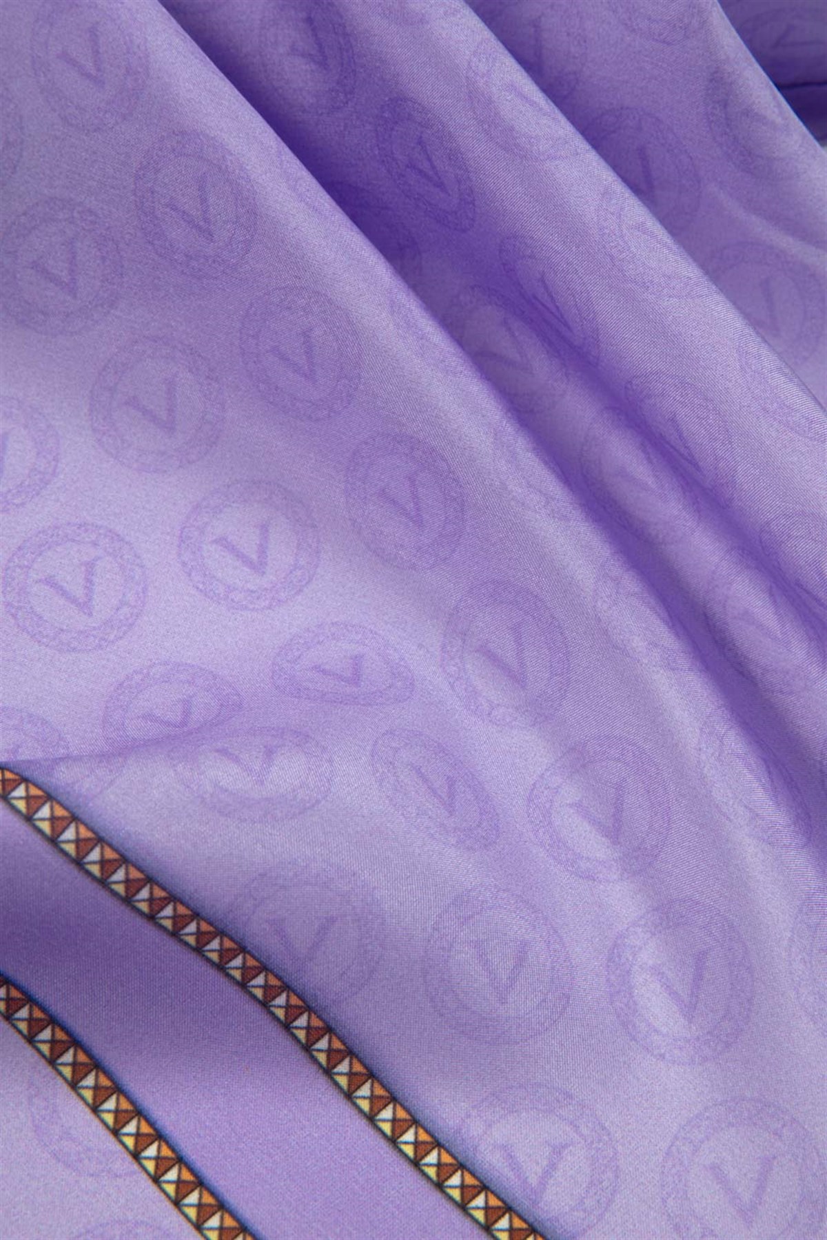 %100 İpek Monogram Desenli Lila - Krem Renkli 92x210 Şal