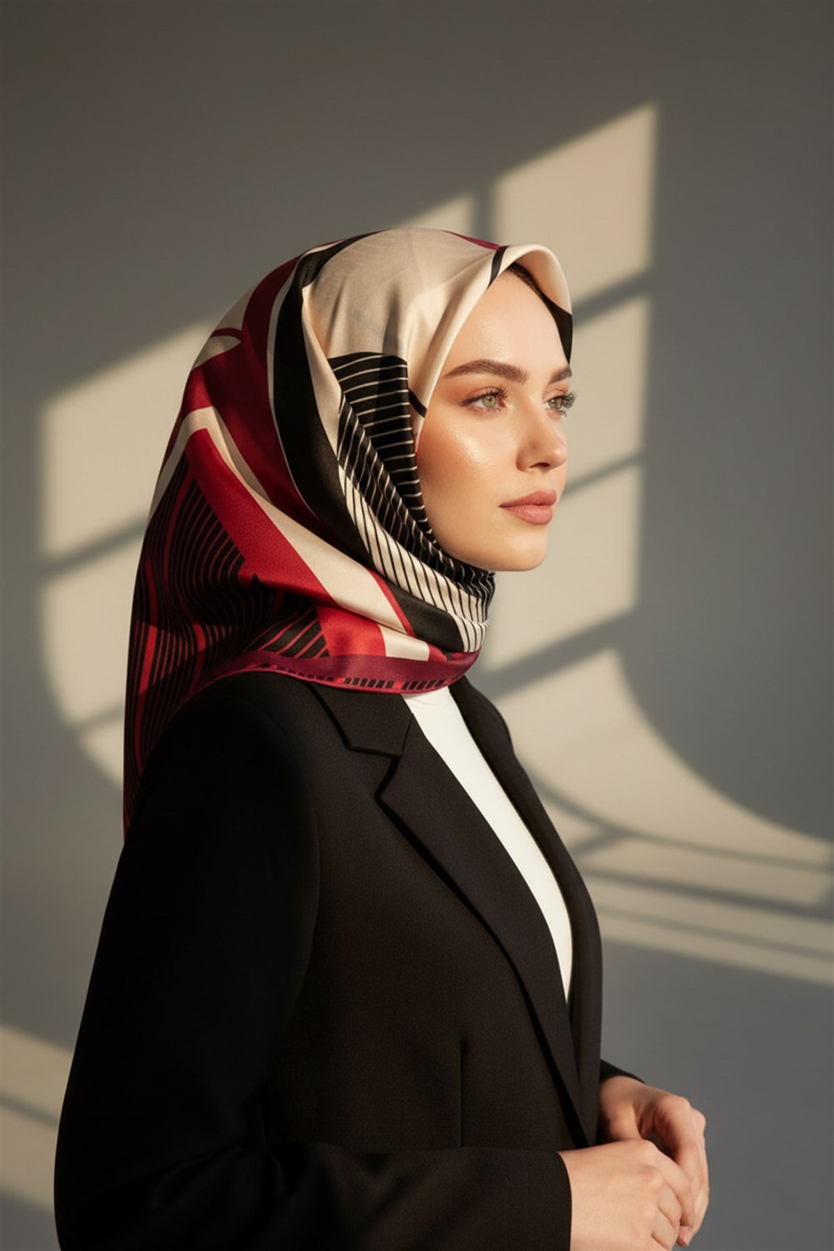 %100 Twill İpek Çizgili Geometrik Desenli Kırmızı - Krem Renkli 90x90 Eşarp Dikim Şekli : El Dikişi