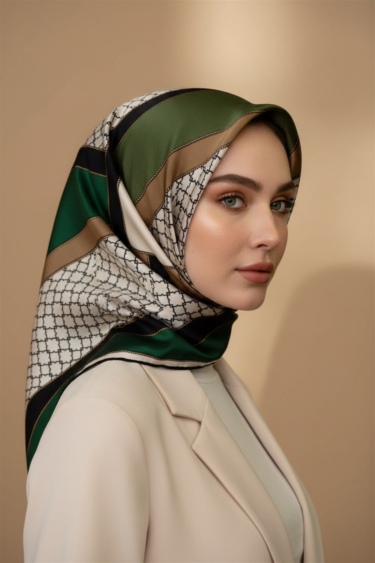 %100 Twill İpek Geometrik Desenli Zümrüt Yeşili - Siyah Renkli 90x90 Eşarp Dikim Şekli : El Dikişi