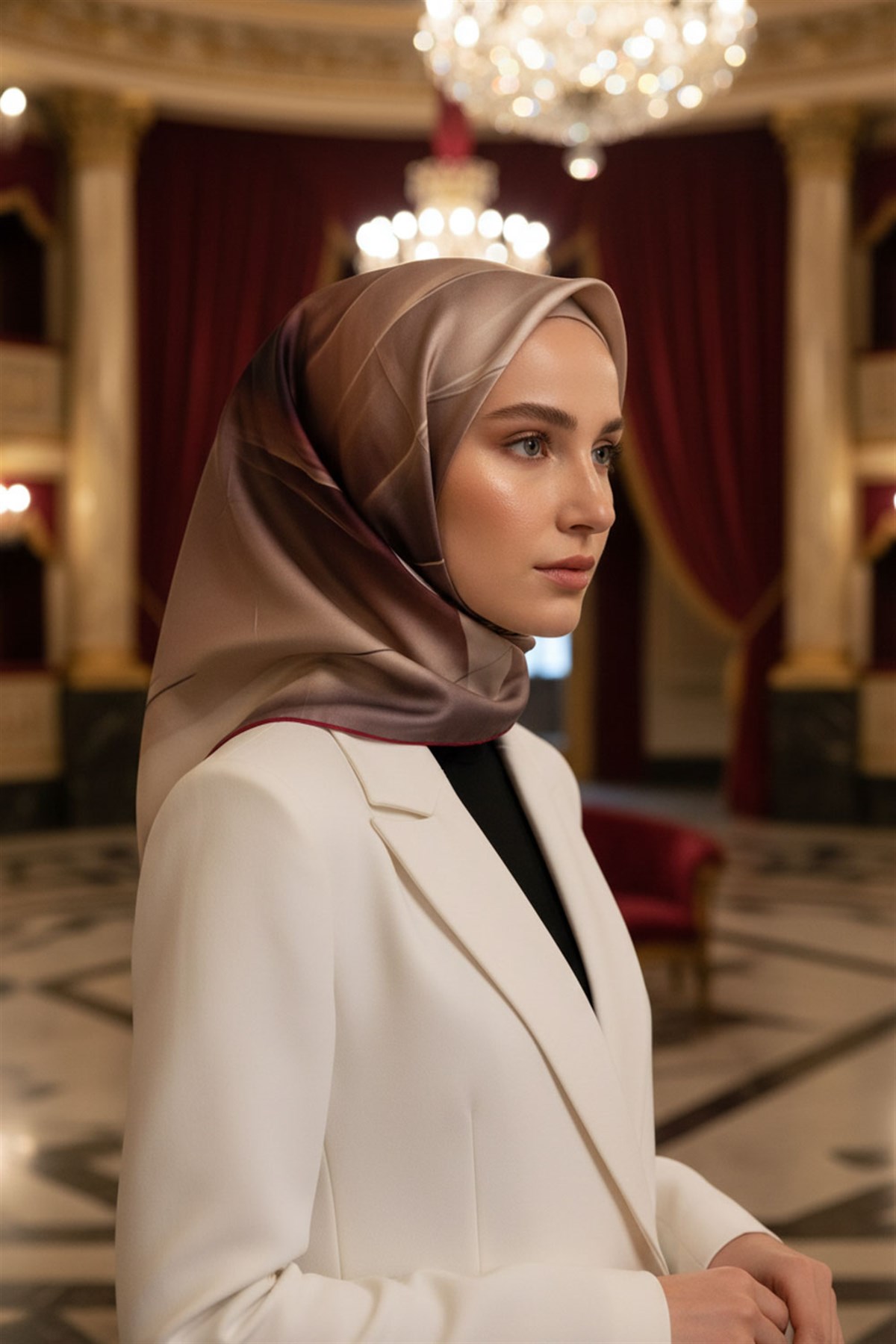 %100 Twill İpek Duman Desenli Hardal - Bordo Renkli 90x90 Eşarp Dikim Şekli : El Dikişi
