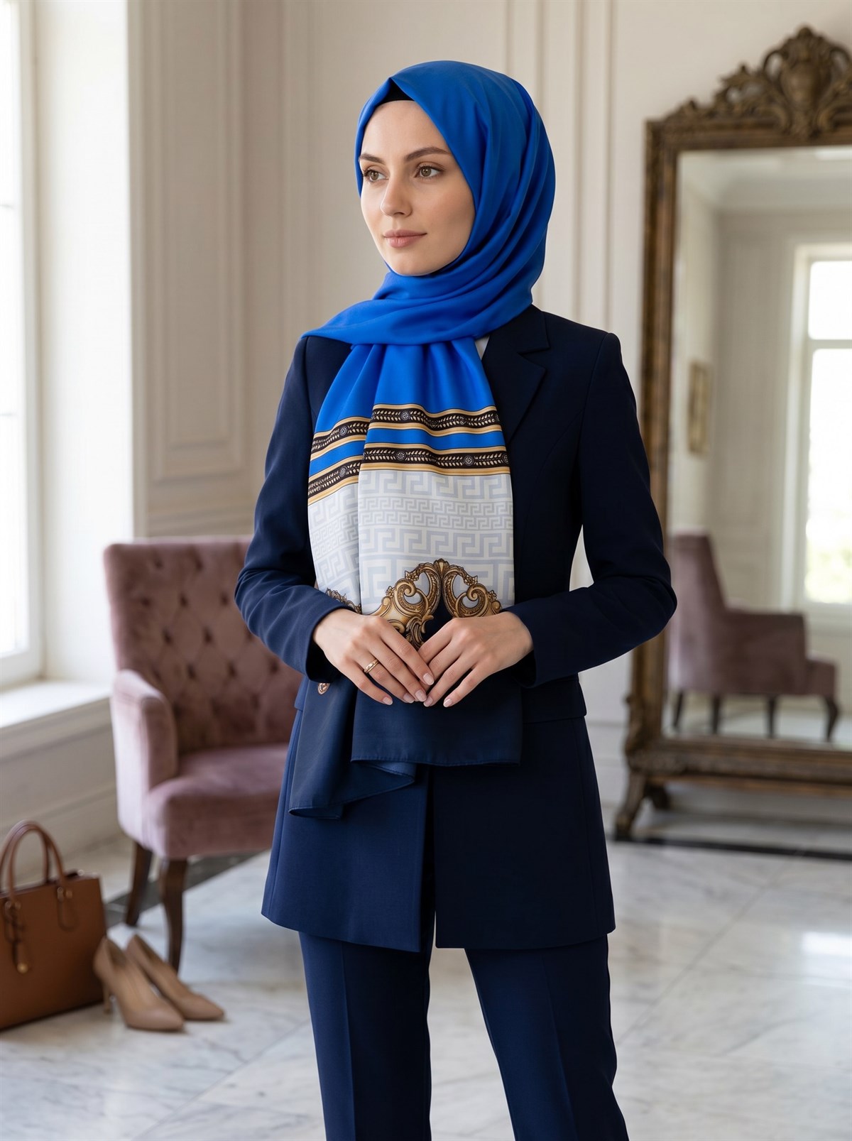 %100 Saf İpek Şal İnce Saten Vual Dokuma Barok Desenli 90x210 Şal