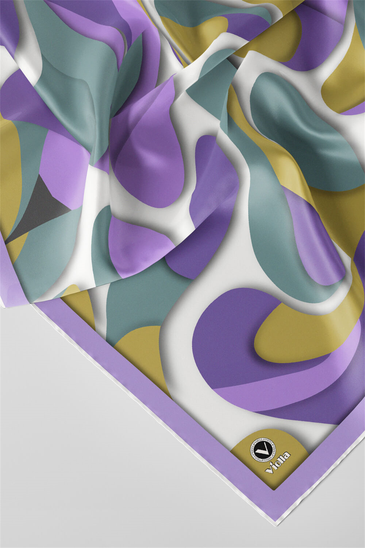 Twill Soyut Geometrik Desenli Lila - Haki Renkli 90x90 Eşarp (İpek İçermez) Dikim Şekli : El Dikişi
