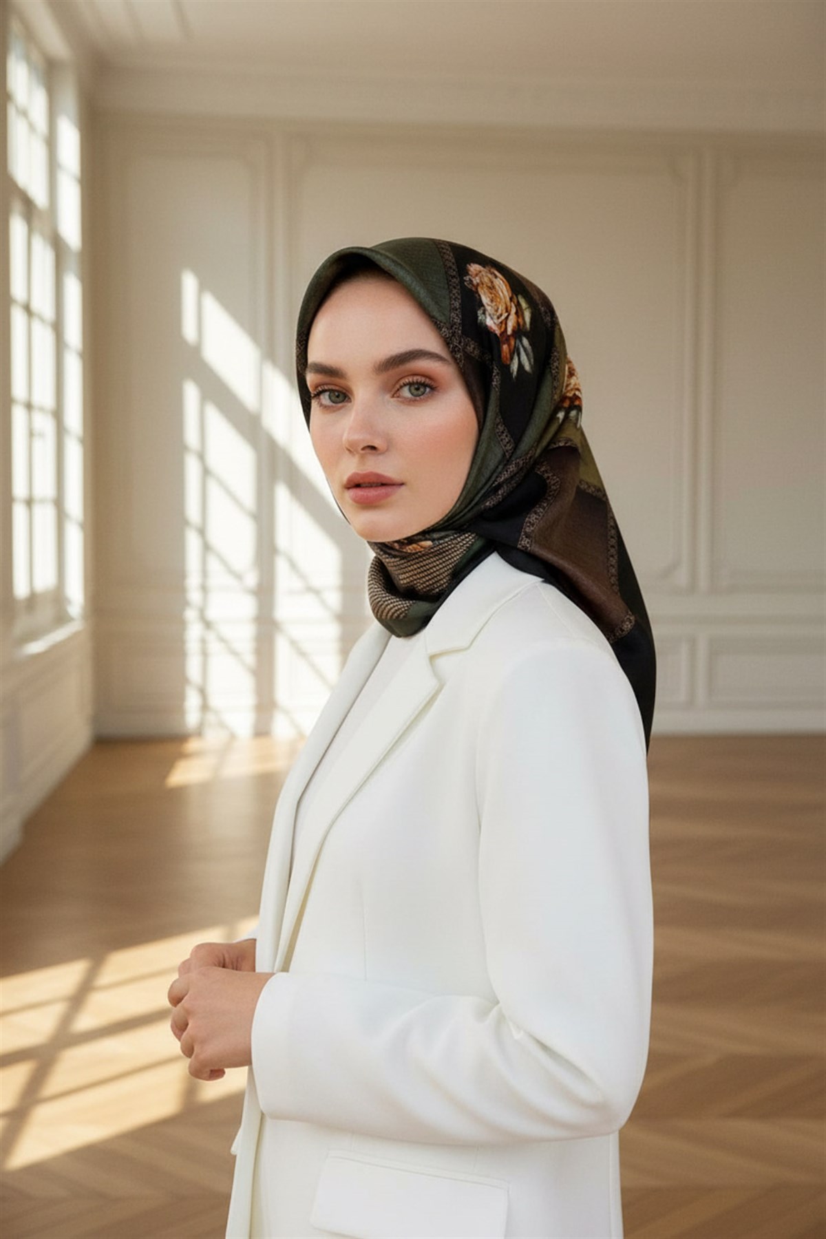 %100 Twill İpek Dokulu Çiçekli Ve Geometrik Desenli Zümrüt Yeşili - Haki Renkli 90x90 Eşarp Dikim Şekli : El Dikişi
