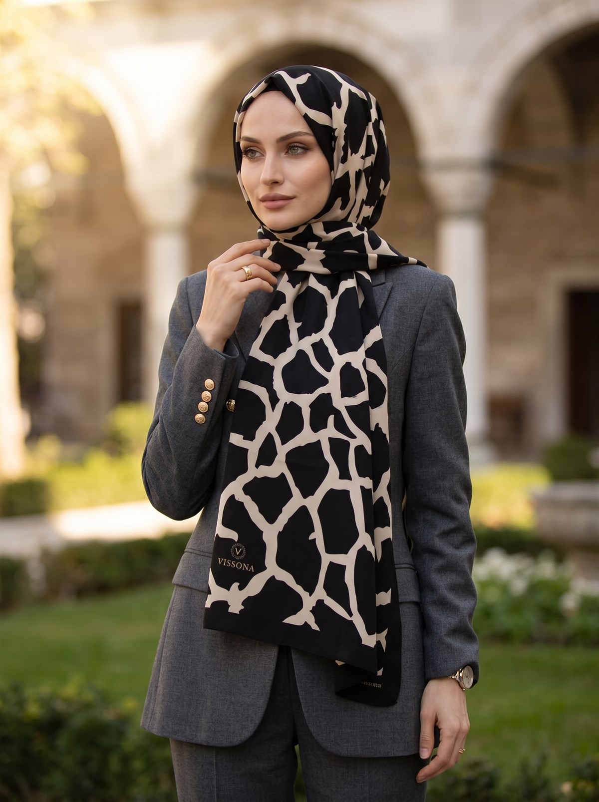 KREP TAŞ DESENLİ SİYAH - BEJ RENKLİ 75X195 KIRIŞMAZ ŞAL