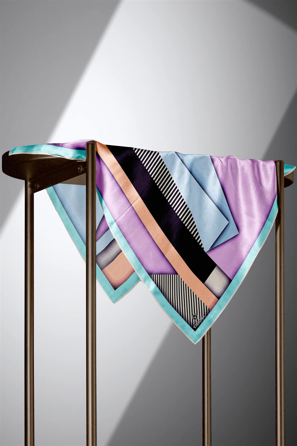 %100 Twill Renk Bloklu Çizgili Desenli Pudra - Bebe Mavisi Renkli 90x90 Eşarp Dikim Şekli: El Dikişii