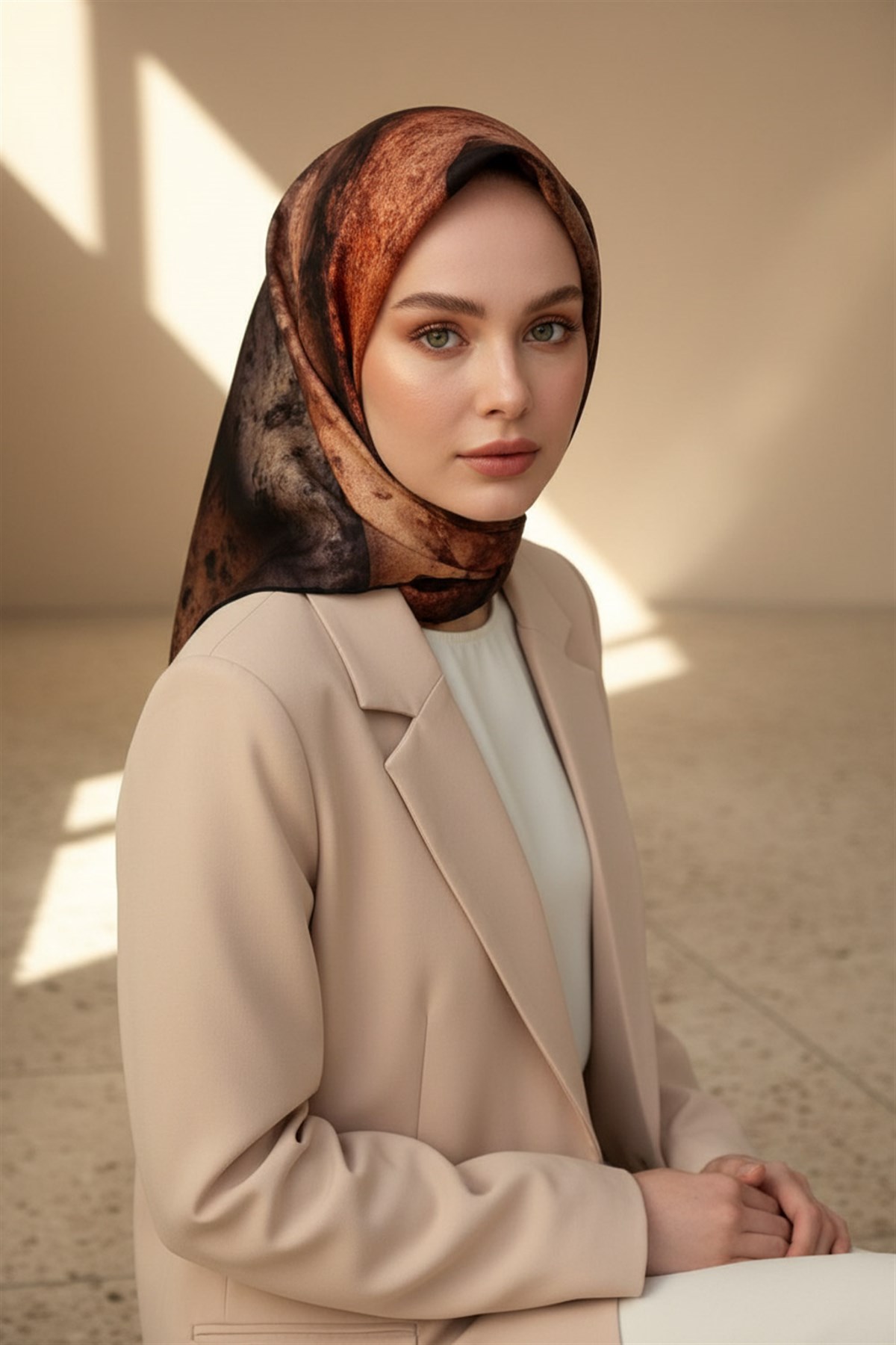 % 57 İPEK % 43 VİSKON Twill İpek Dokulu Ve Geometrik Desenli Taba - Hardal Renkli 90x90 Eşarp Dikim Şekli : El Dikişi