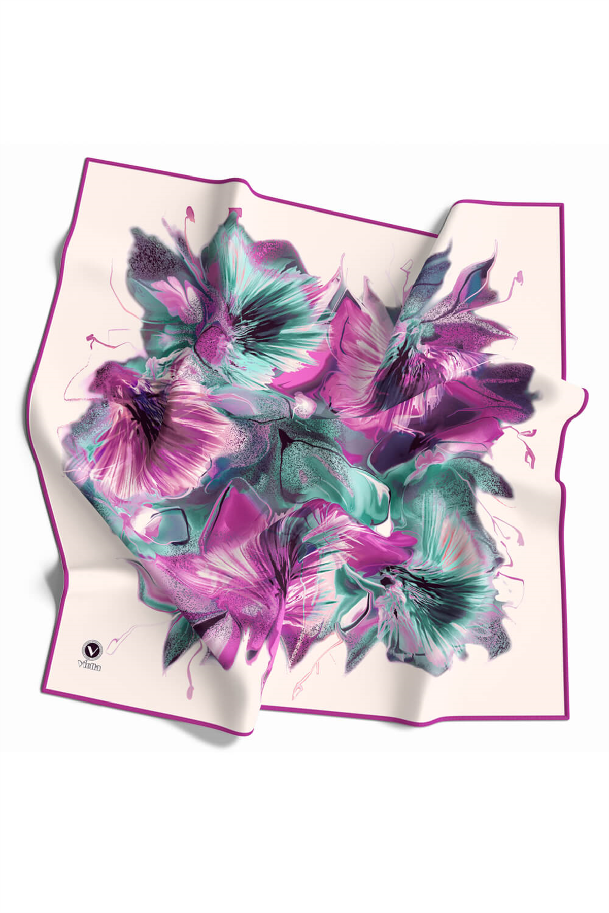 Twill Çiçek Desenli Fuşya - Mint Yeşili Renkli 90x90 Eşarp (İpek İçermez) Kenar Dikiş Şekli El Dikişli
