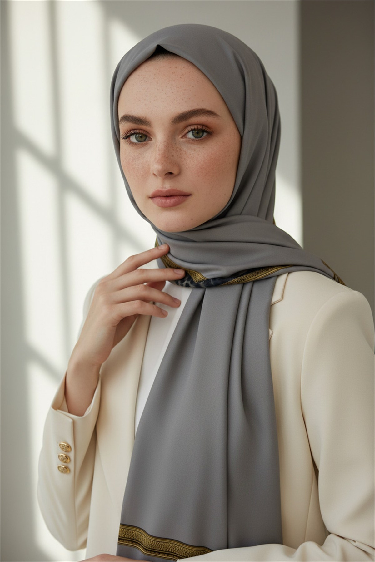 KREP LEOPAR BORDÜR DESENLİ GRİ RENKLİ 75X195 KIRIŞMAZ ŞAL
