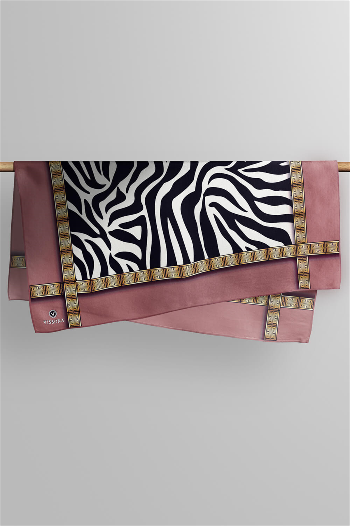 %100 Twill İpek Zebra Desenli Pudra - Gold Renkli 90x90 Eşarp Dikim Şekli : El Dikişi