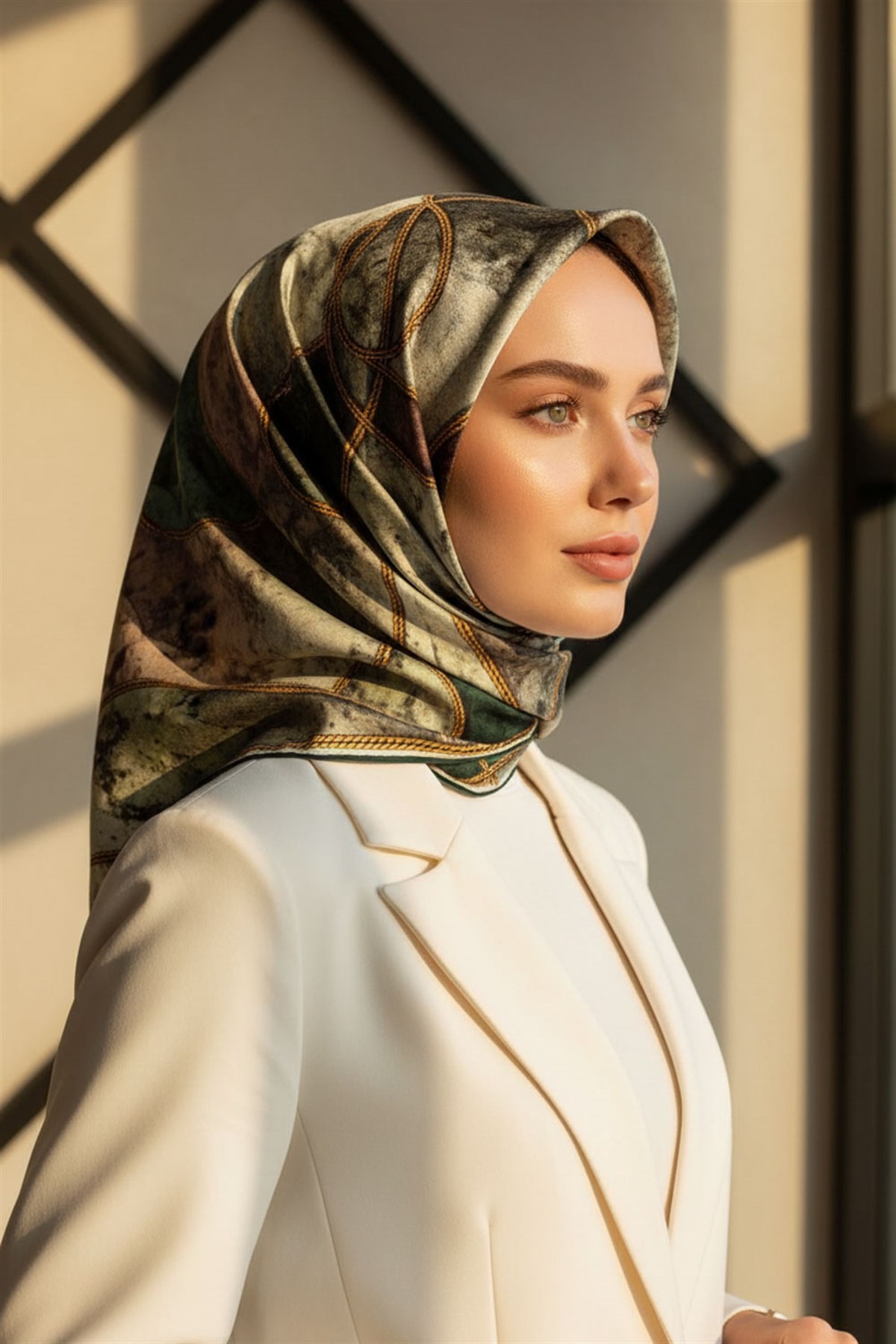 %100 Twill İpek Zincirli Mermer Desenli Zümrüt Yeşili - Haki Renkli 90x90 Eşarp Dikim Şekli : El Dikişi