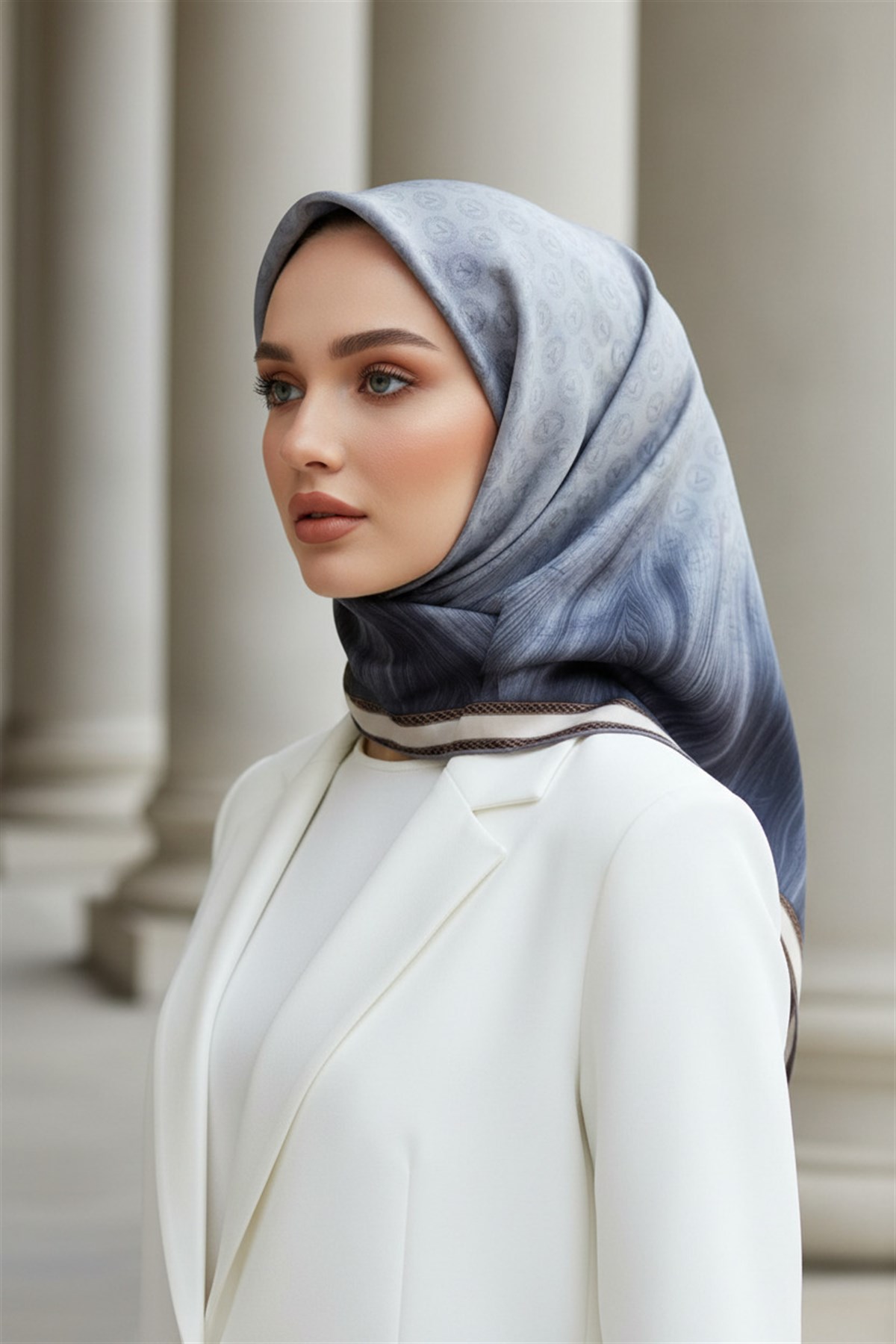 100% Twill İpek Monogram Desenli Gri Renkli 90x90 Dikim Şekli : El Dikişi Eşarp