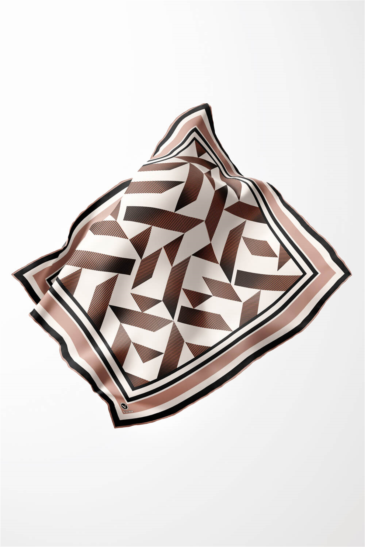 Twill Geometrik Desenli Somon Renkli 90x90 Eşarp (İpek İçermez) Kenar Dikiş Şekli El Dikişli