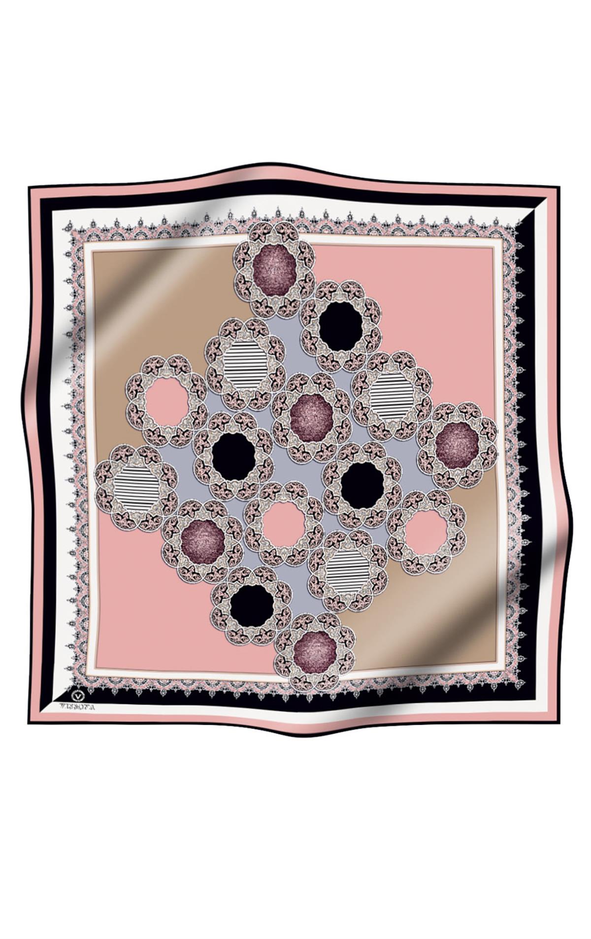 %100 Twill Türk Motifi  Desenli Pudra - Bej Renkli 90x90 Eşarp Dikim Şekli: El Dikişi