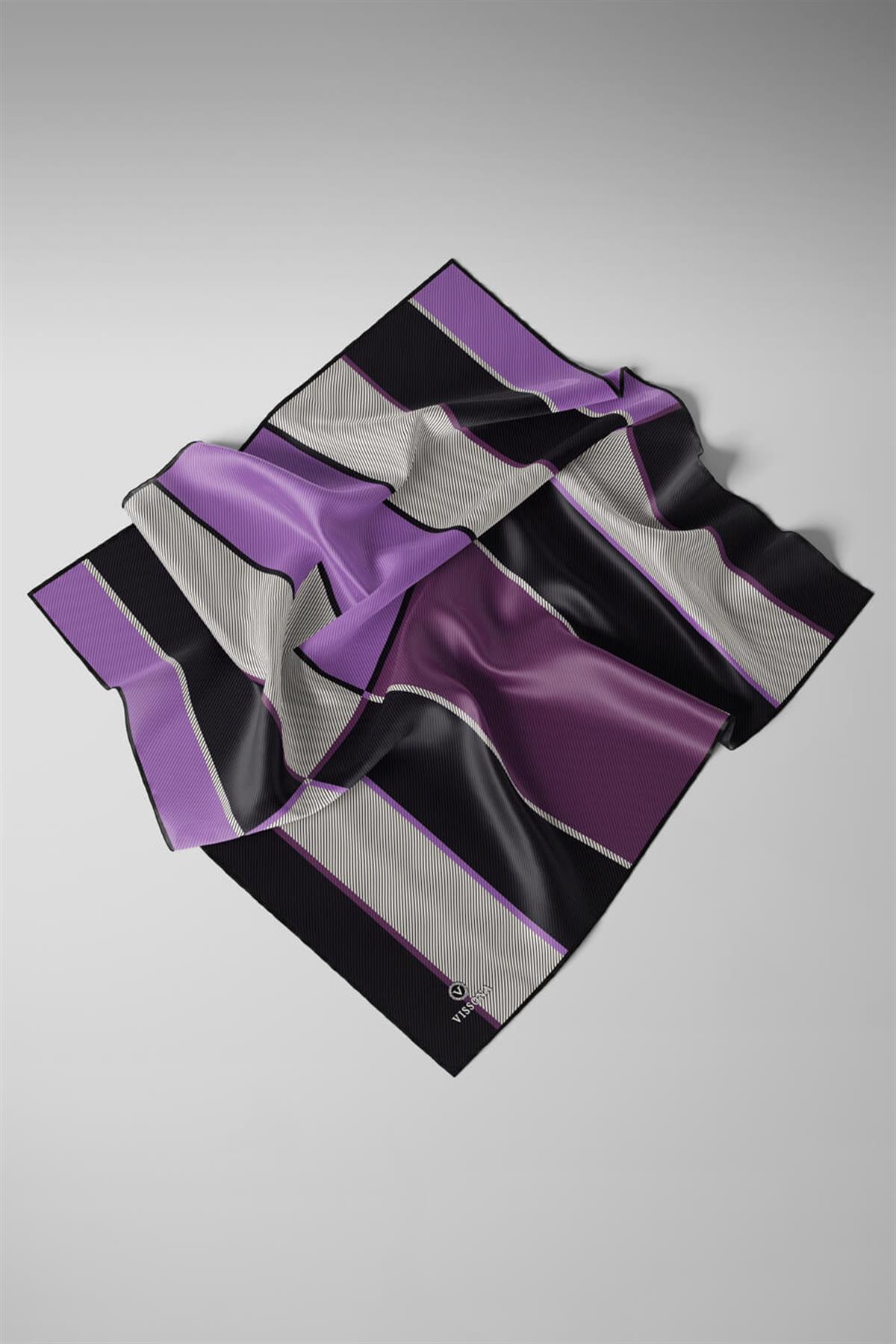 %100 Twill İpek Geometrik Desenli Lila Renkli 90x90 Eşarp Dikim Şekli : El Dikişi