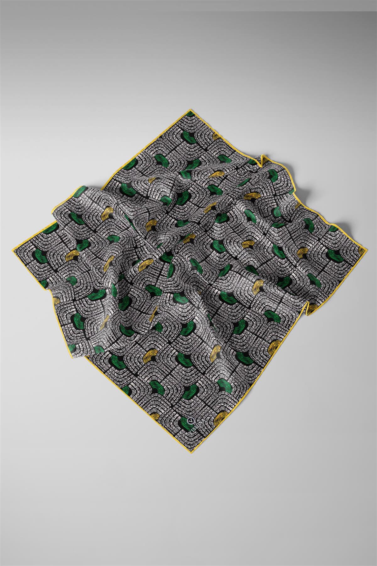 %100 Twill İpek Geometrik Desenli Sarı - Siyah Renkli 90x90 Eşarp Dikim Şekli : El Dikişi