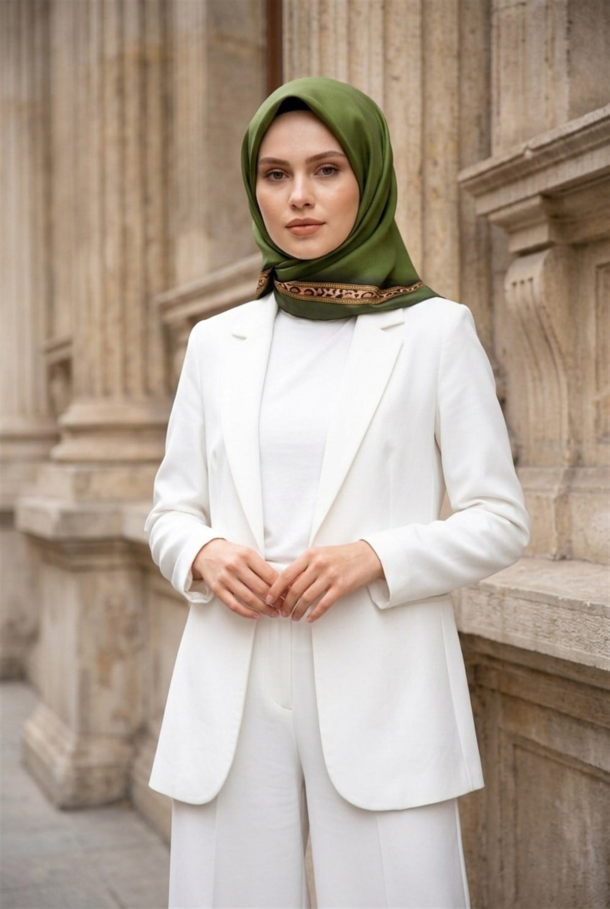 %100 Twill İpek Bordürü Leoparlı Düz Desenli Haki - Gold Renkli 90x90 Eşarp Dikim Şekli : El Dikişi