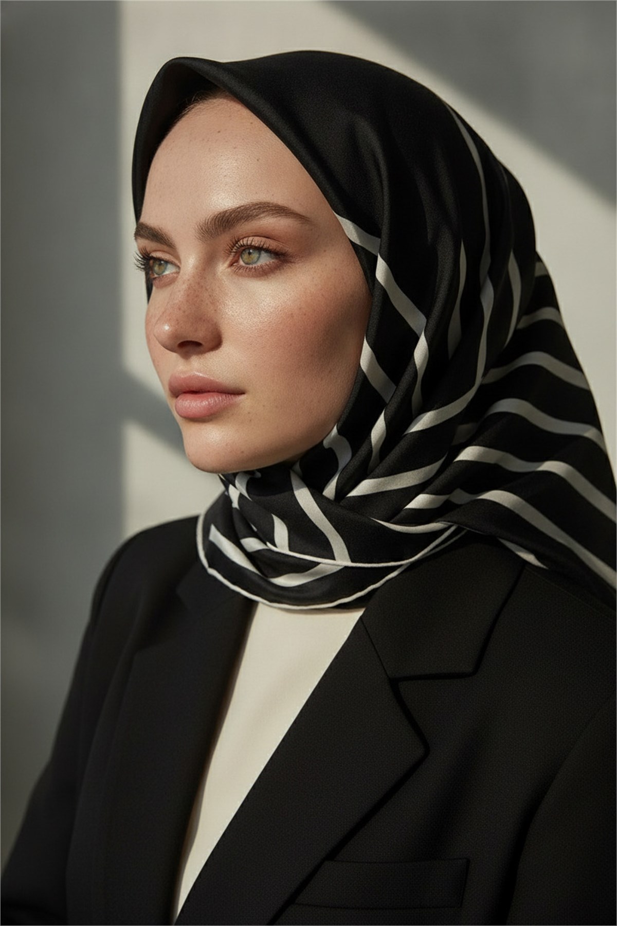 %100 Twill İpek Eşarp 90x90 Siyah Krem Çizgili Desenli El Dikişli Kadın Eşarp