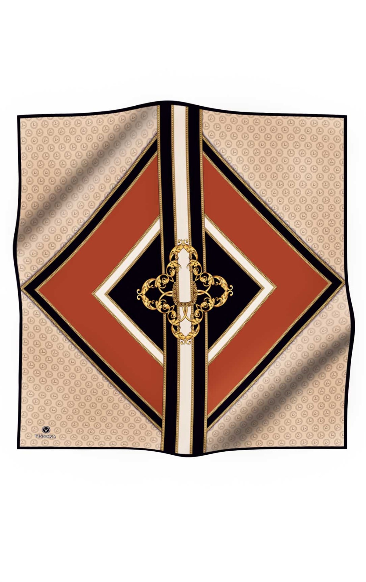 %100 Twill İpek Monogram ve Barok Desenli Krem - Taba Renkli 90x90 Eşarp Dikim Şekli : El Dikişi