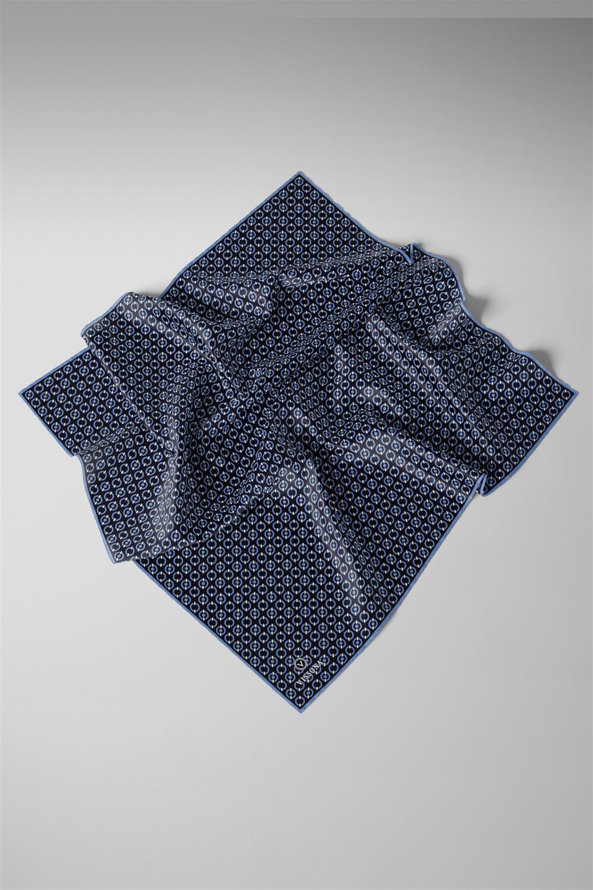 %100 Twill İpek Zincir Desenli Lacivert - İndigo Renkli 90x90 Eşarp Kenar Dikiş Şekli El Dikişli