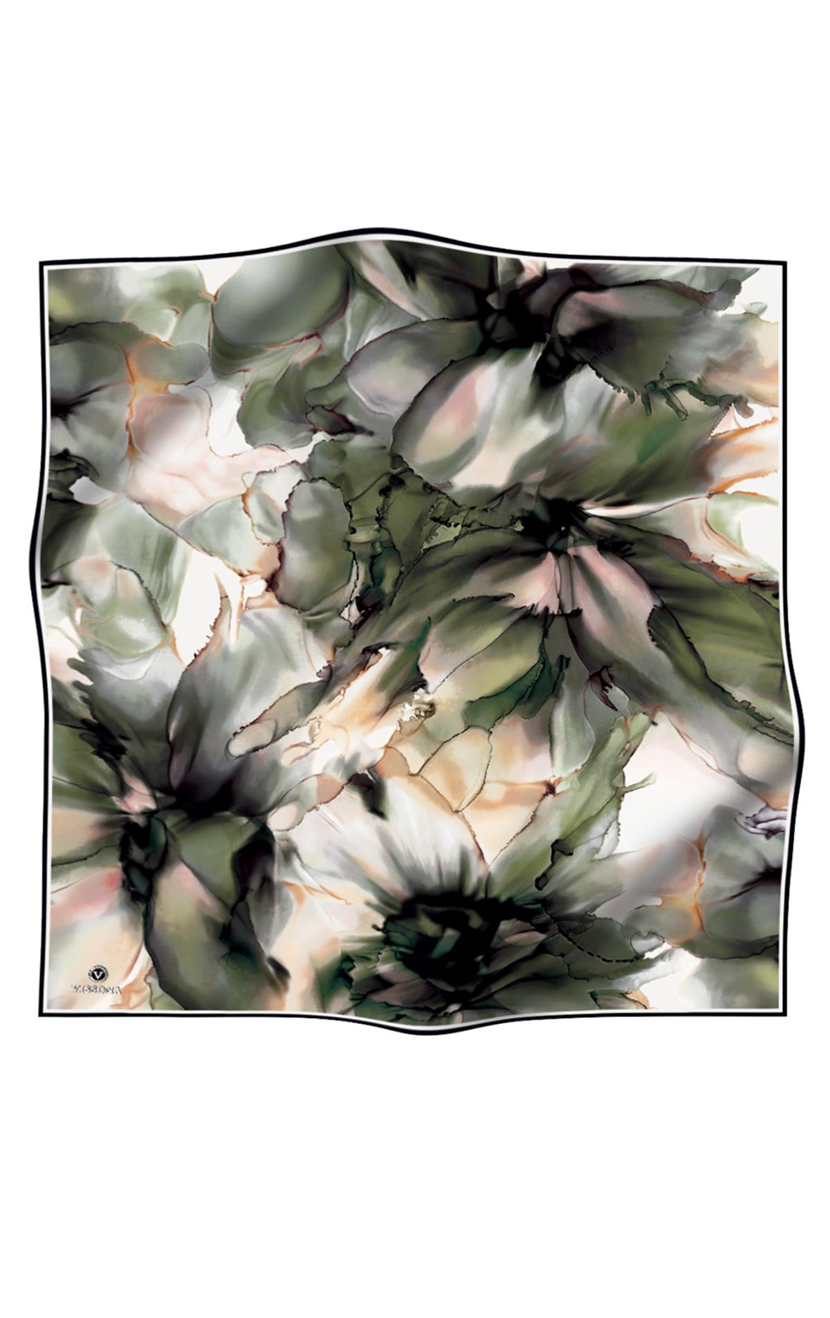 %100 Twill İpek Batik Çiçek Desenli Haki Yeşili - Vizon Renkli 90x90 Eşarp Kenar Dikiş Şekli El Dikişli