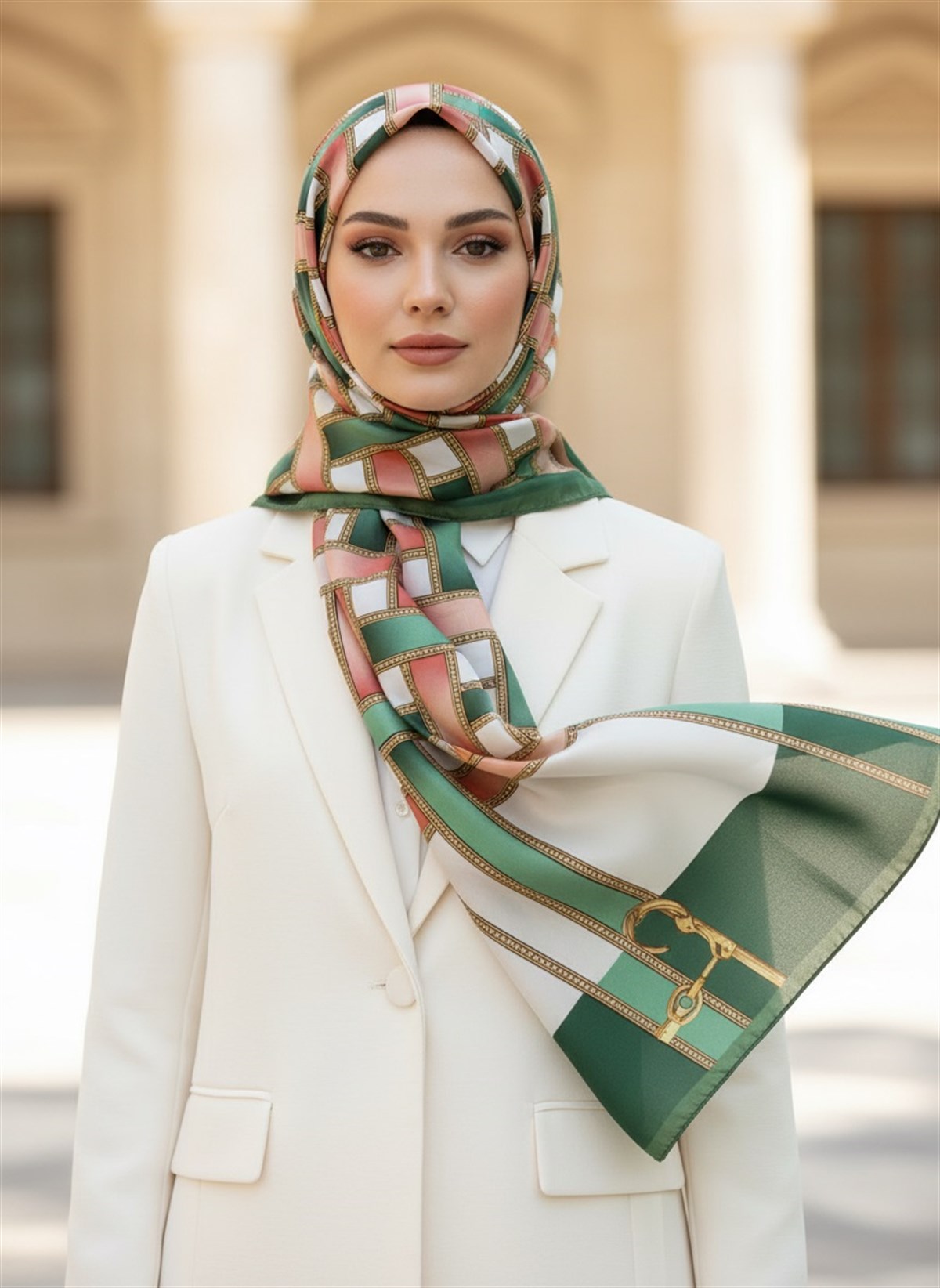 100% İPEK KEMER DESENLİ ZÜMRÜT YEŞİLİ - PUDRA RENKLİ ŞAL