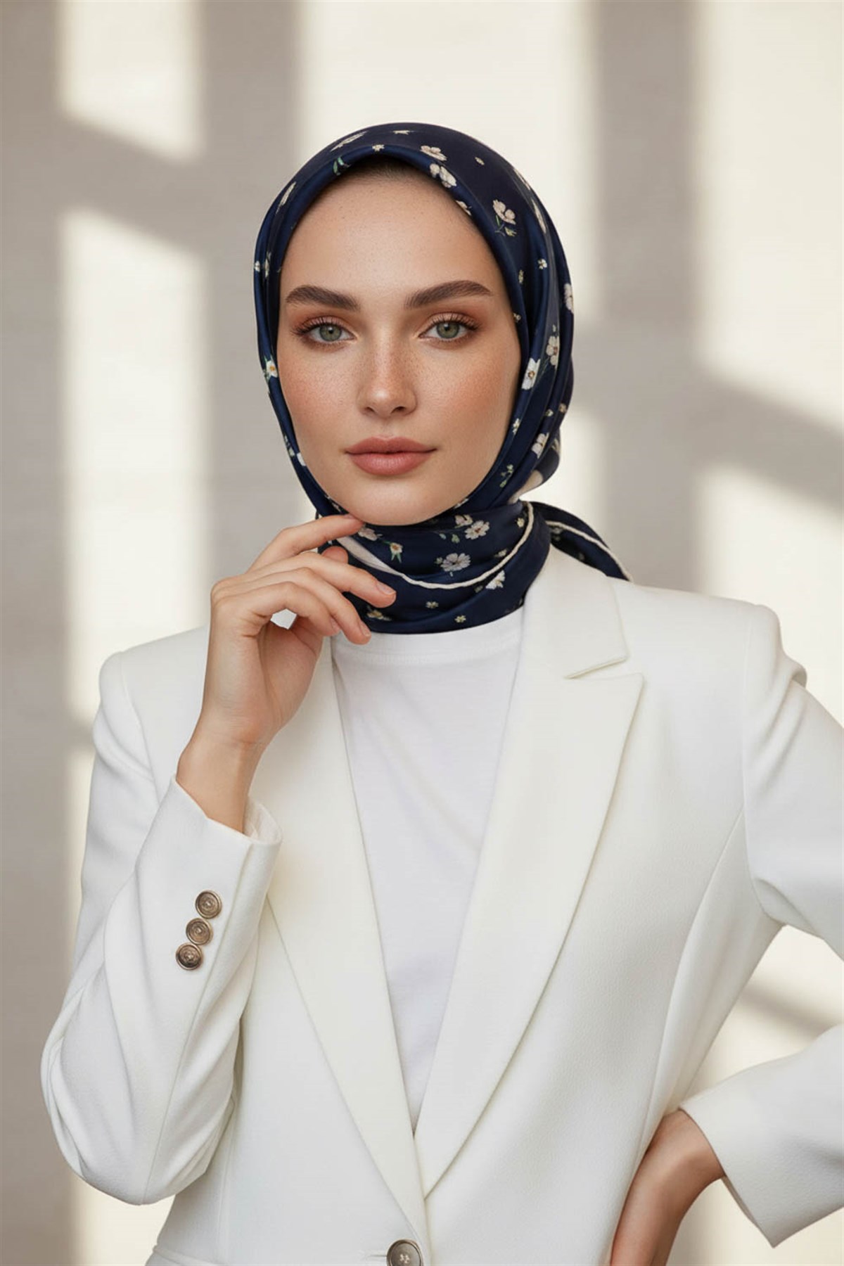 % 57 İPEK % 43 VİSKON Twill İpek Çıtır Çiçek Desenli Lacivert - Krem Renkli 90x90 Eşarp Dikim Şekli : El Dikişi