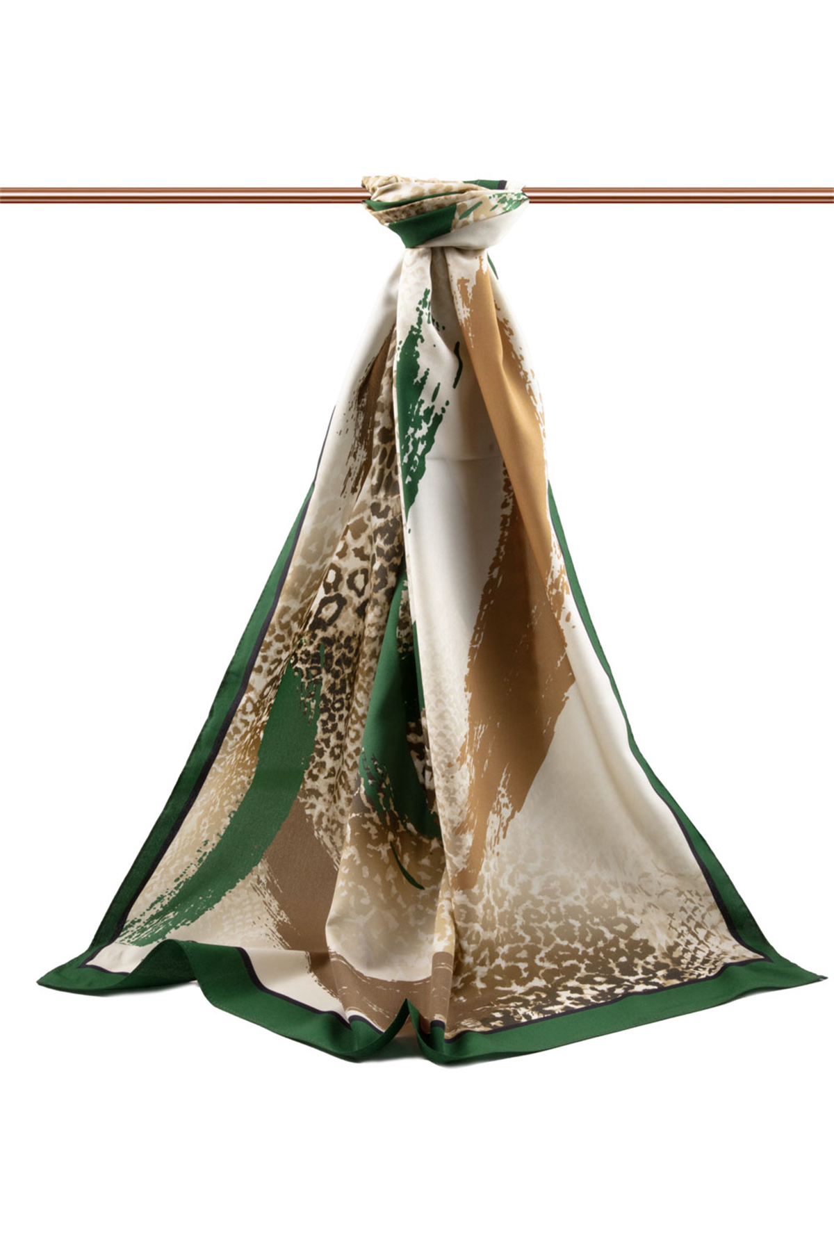 LÜKS MEDİNE İPEĞİ RENKLİ FIRÇA VE LEOPAR DESENLİ ZÜMRÜT YEŞİLİ RENKLİ 75X195 KIRIŞMAZ ŞAL MOSS KREP DİKİŞ TİPİ İTALYAN DİKİŞLİ