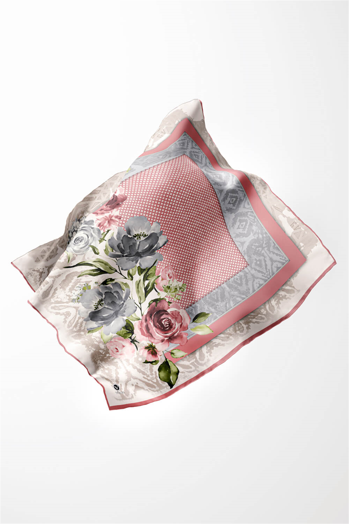 Twill Çiçek Desenli Pudra  Renkli 90x90 Eşarp (İpek İçermez) Kenar Dikiş Şekli El Dikişli