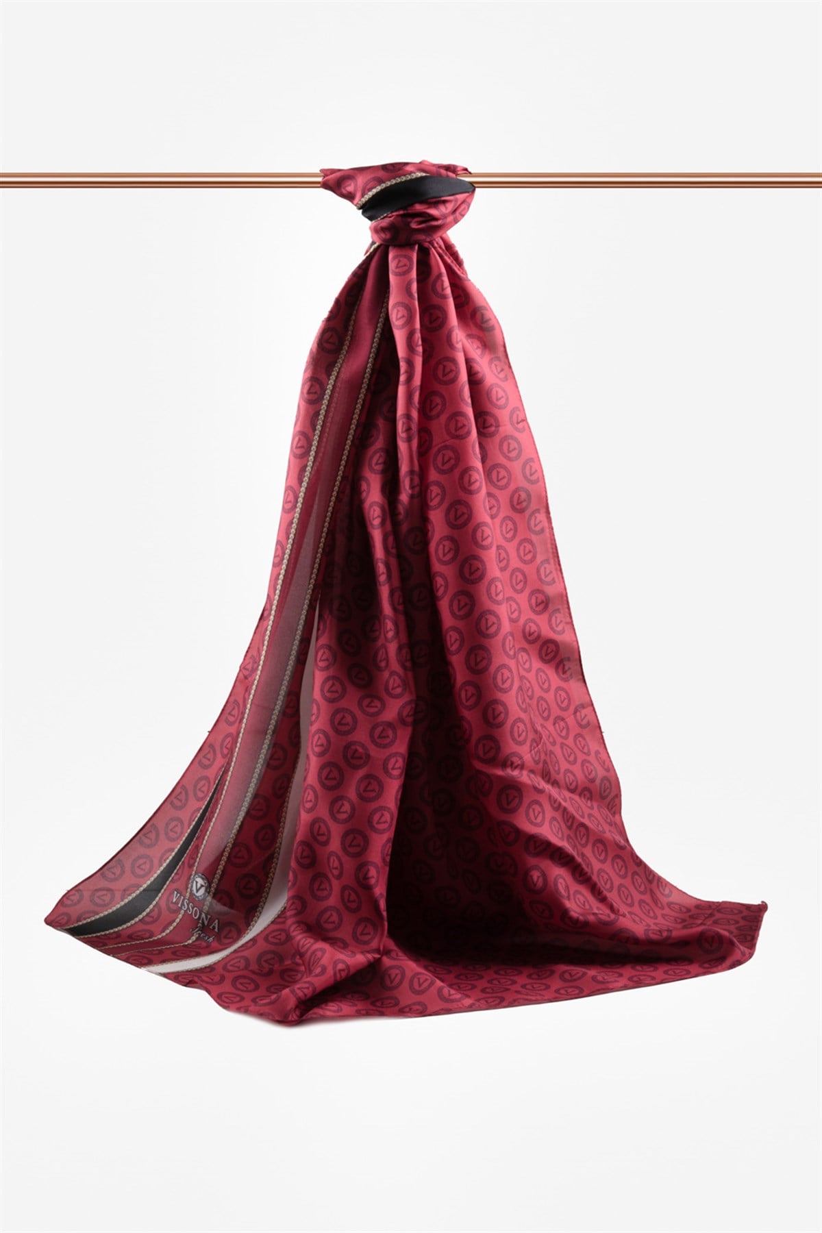 %100 İpek Monogram Desenli Bordo - Siyah Renkli 92x210 Şal