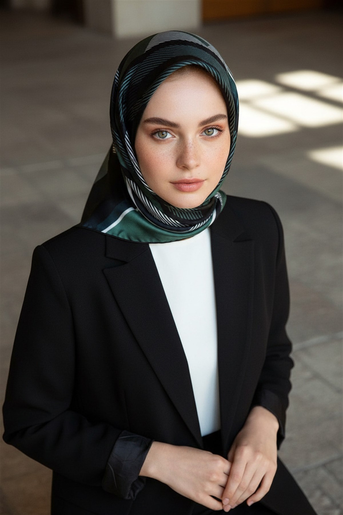 %100 Twill İpek Geometrik Desenli Zümrüt Yeşili - Siyah Renkli 90x90 Eşarp Dikim Şekli : El Dikişi
