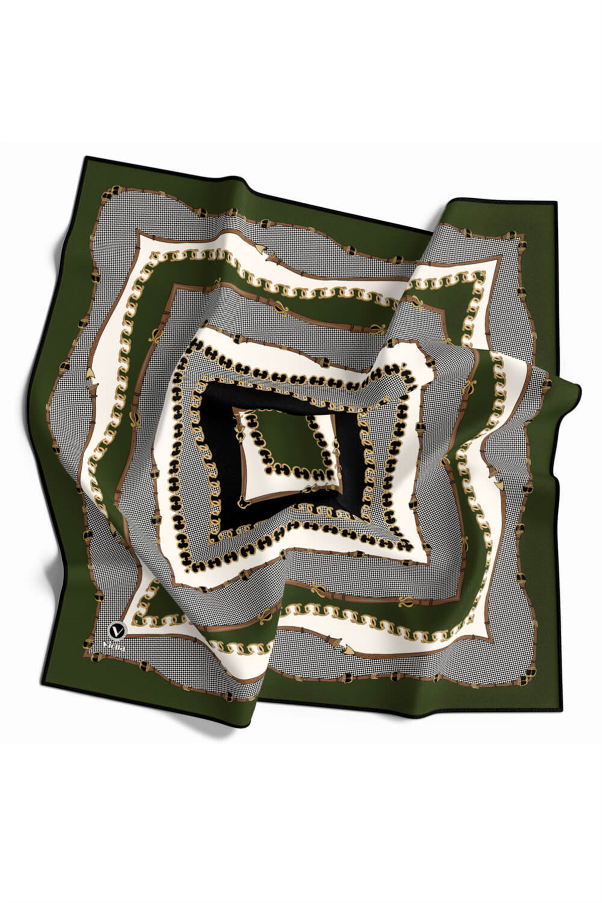 Twill Bordürlü ve Zincir Desenli Haki Renkli 90x90 Eşarp (İpek İçermez) Kenar Dikiş Şekli El Dikişli