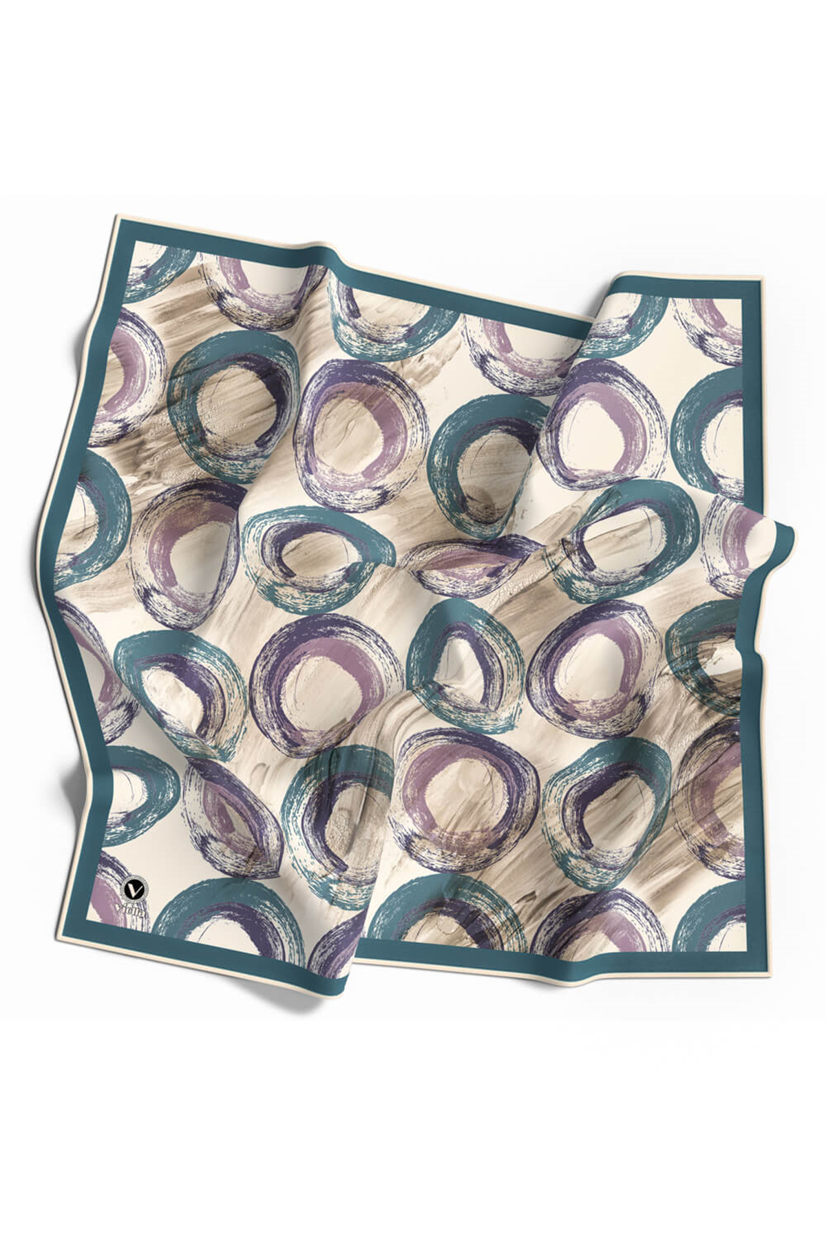 Twill Geometrik Fırça Darbesi Desenli Petrol Mavisi Renkli 90x90 Eşarp (İpek İçermez) Kenar Dikiş Şekli El Dikişli
