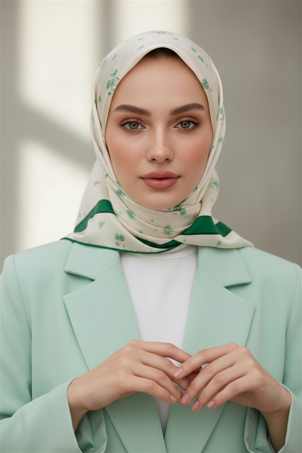 100% Twill İpek Bordürlü Çıtır Çiçek Desenli Zümrüt Yeşili Renkli 90x90 Dikim Şekli : El Dikişi Eşarp