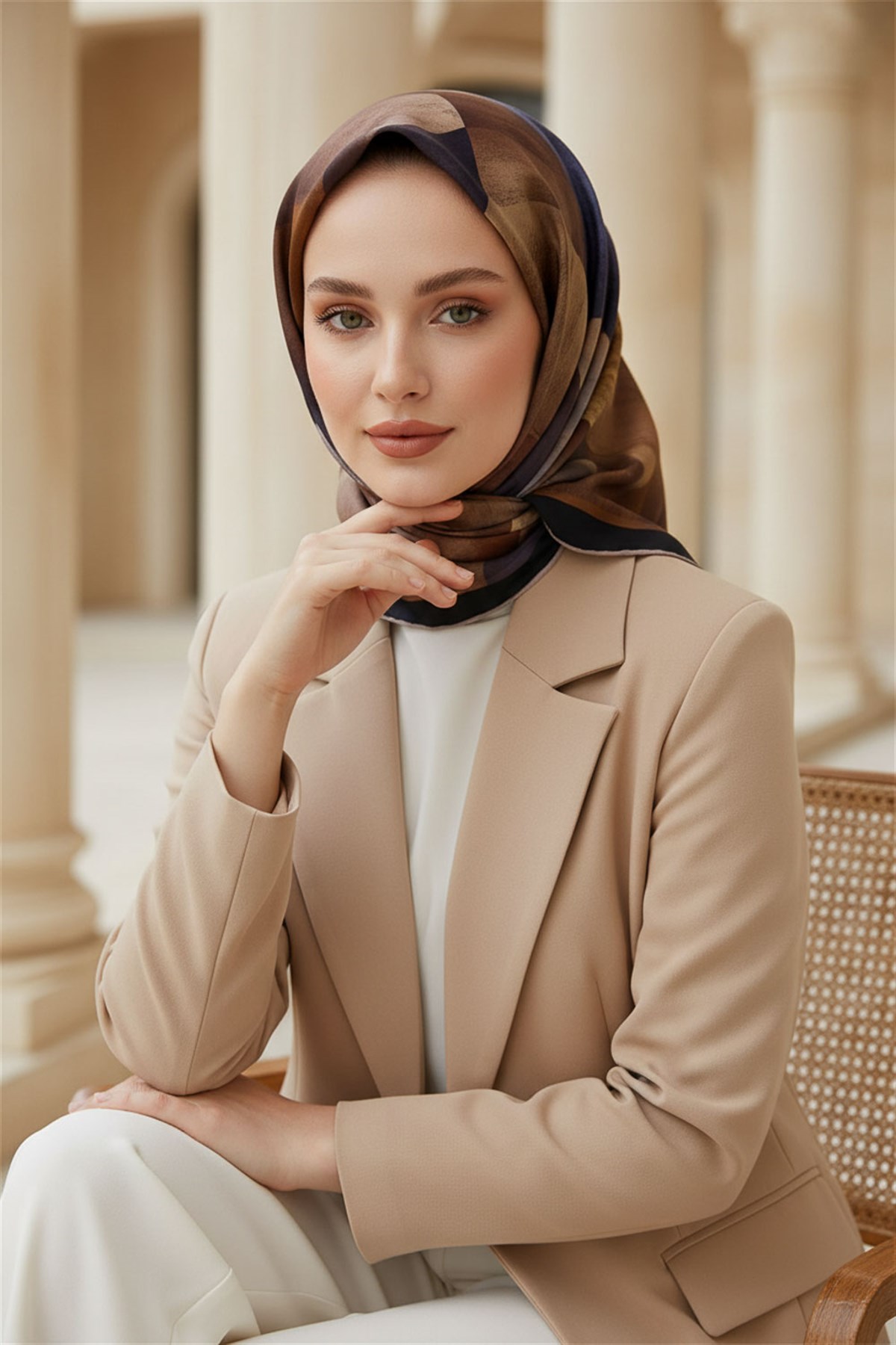 % 57 İPEK % 43 VİSKON Twill İpek Geometrik Desenli Kiremit - İndigo Renkli 90x90 Eşarp Dikim Şekli : El Dikişi