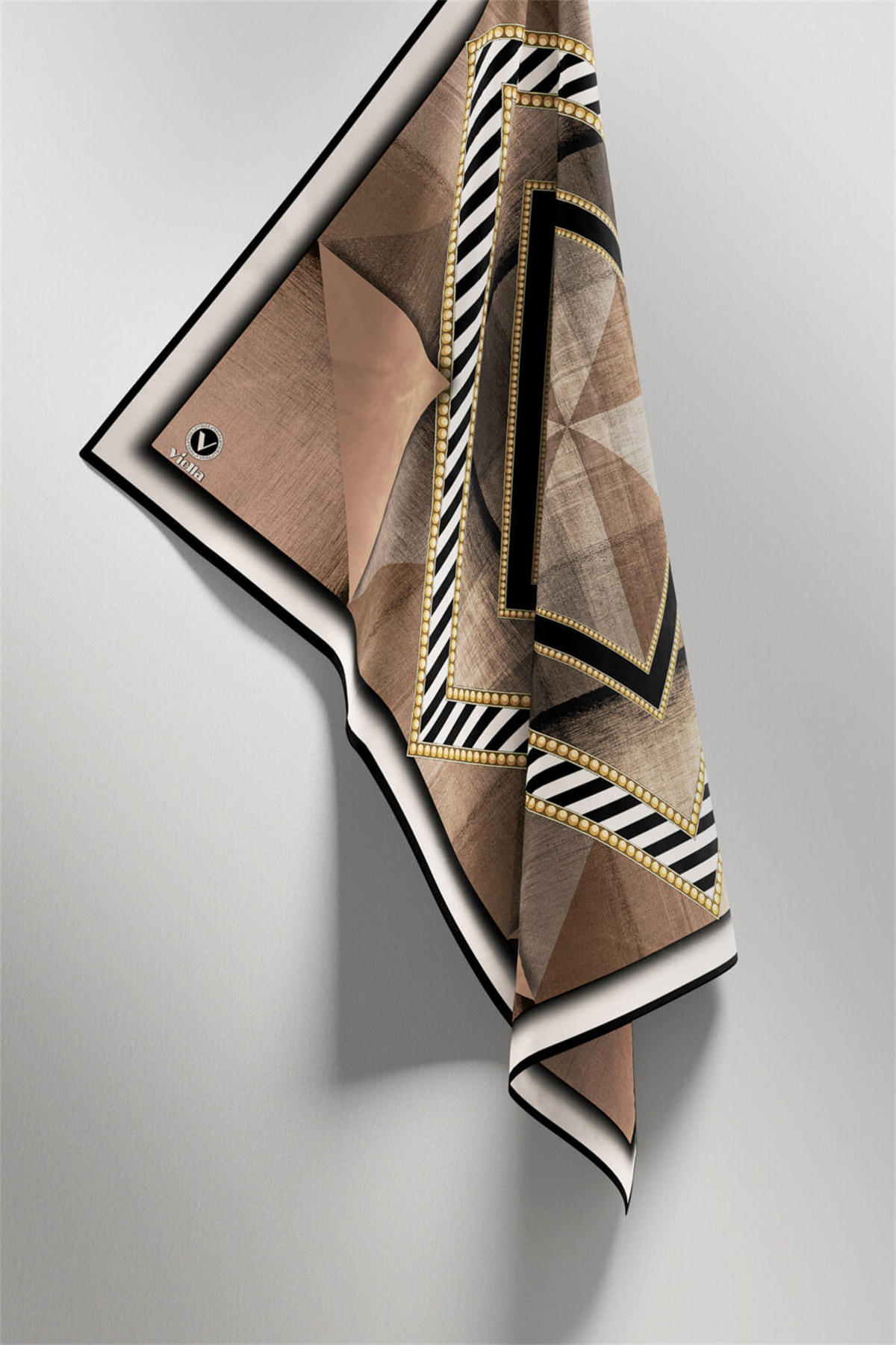 Twill Eskitme Desenli Bej Renkli 90x90 Eşarp (İpek İçermez) Kenar Dikiş Şekli El Dikişli