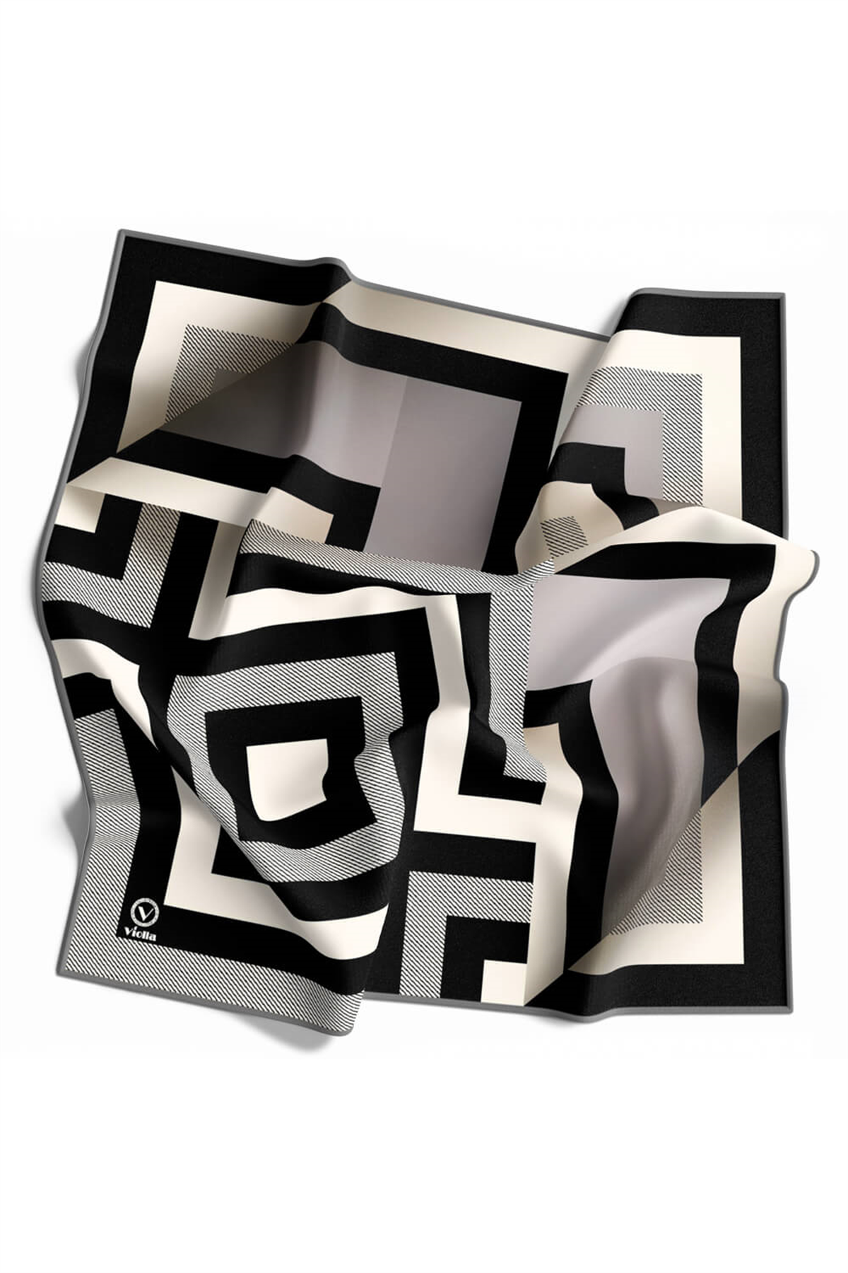 Twill Geometrik Desenli Gümüş Renkli 90x90 Eşarp (İpek İçermez) Dikim Şekli : El Dikişi