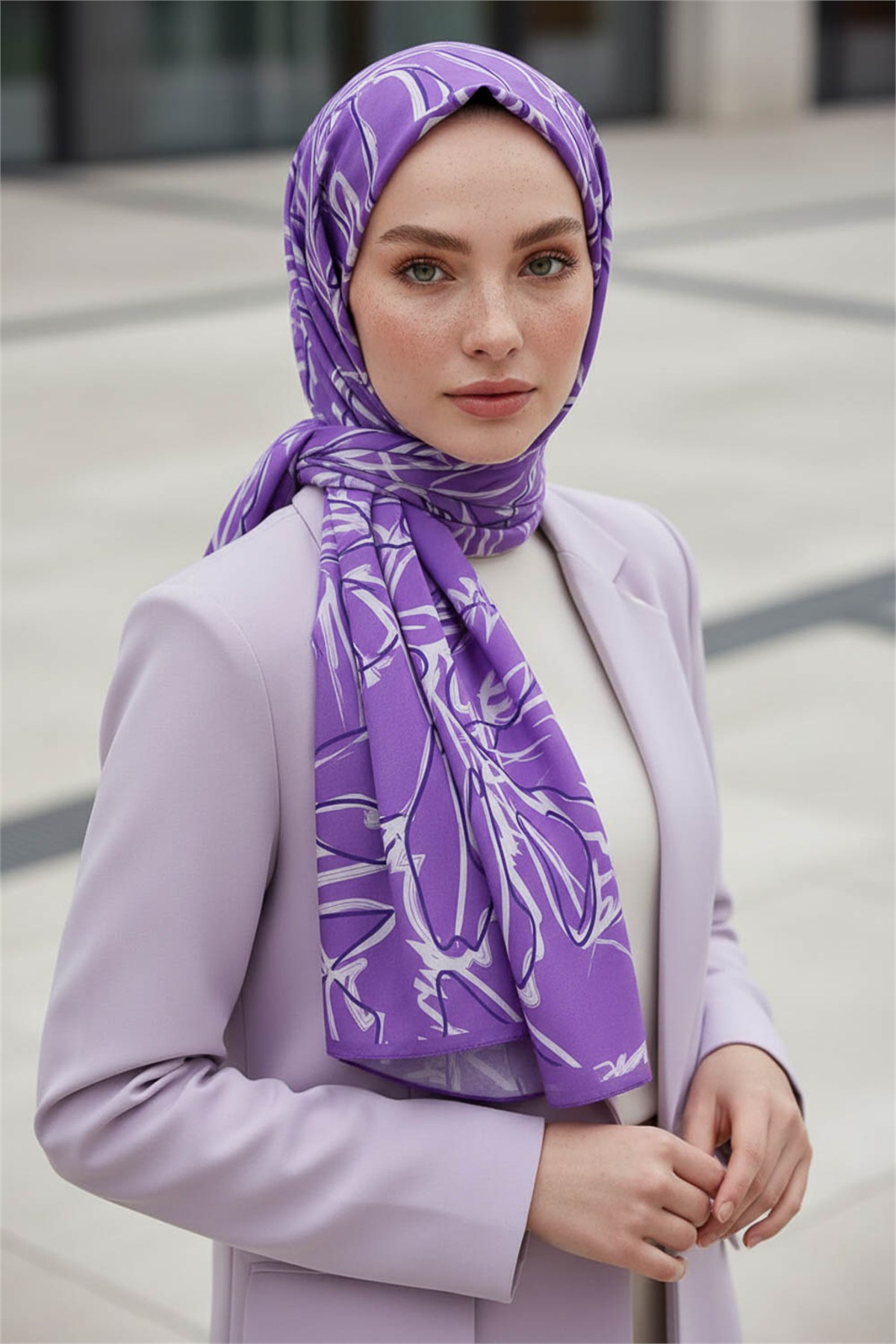 KREP YAPRAK DESENLİ LİLA RENKLİ 75X195 KIRIŞMAZ ŞAL
