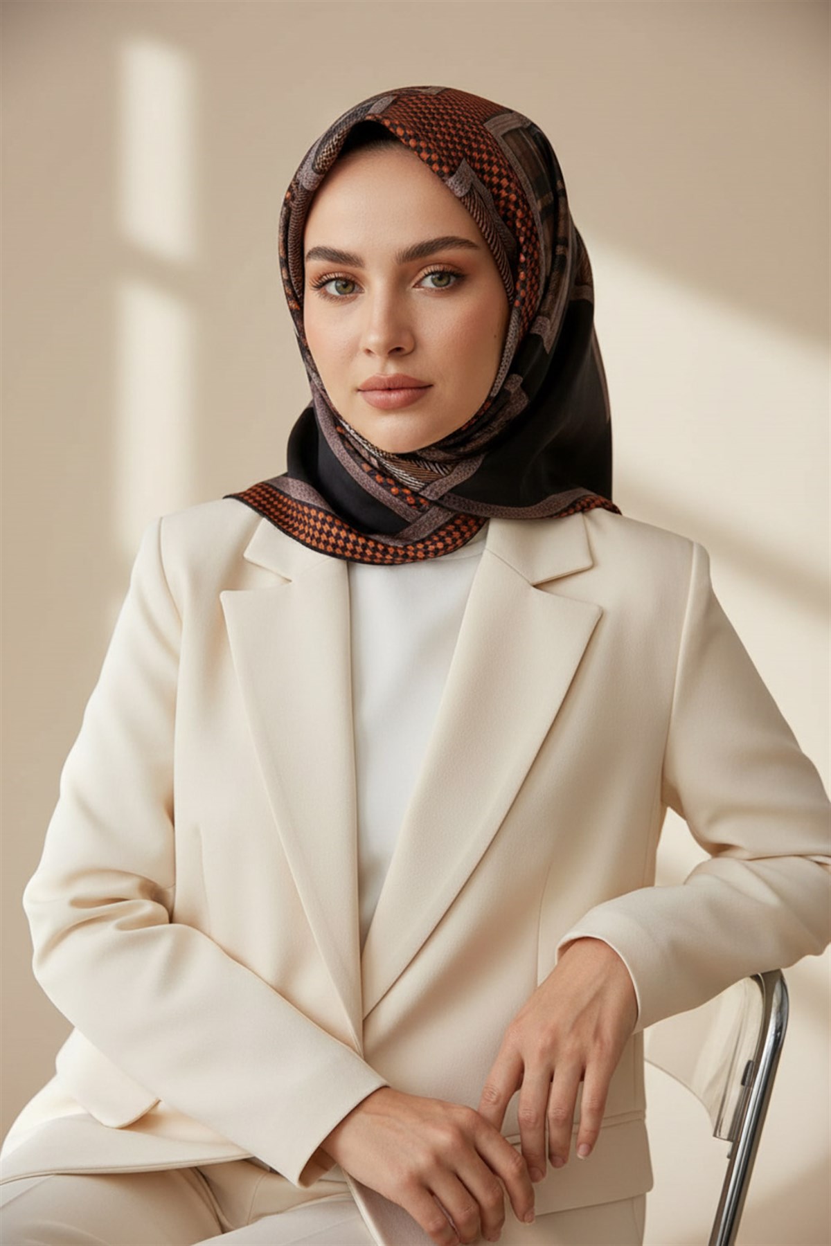 %100 Twill İpek Kazakayaklı Ve Ekose Desenli Taba - Siyah Renkli 90x90 Eşarp Dikim Şekli : El Dikişi