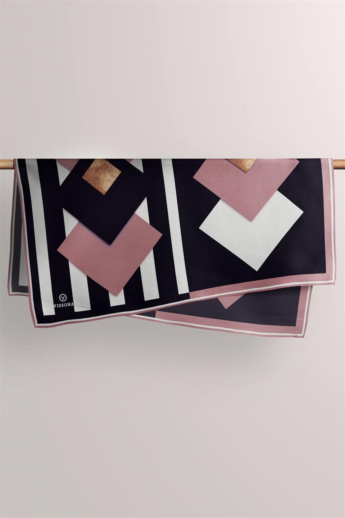 %100 Twill İpek Karo Desenli Pudra - Siyah Renkli 90x90 Eşarp Dikim Şekli : El Dikişi