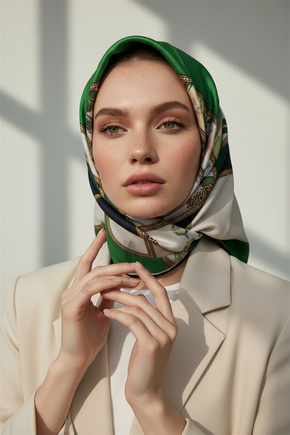 100% Twill İpek Şeritli Çiçek Desenli Zümrüt Yeşili - Krem Renkli 90x90 Dikim Şekli : El Dikişi Eşarp