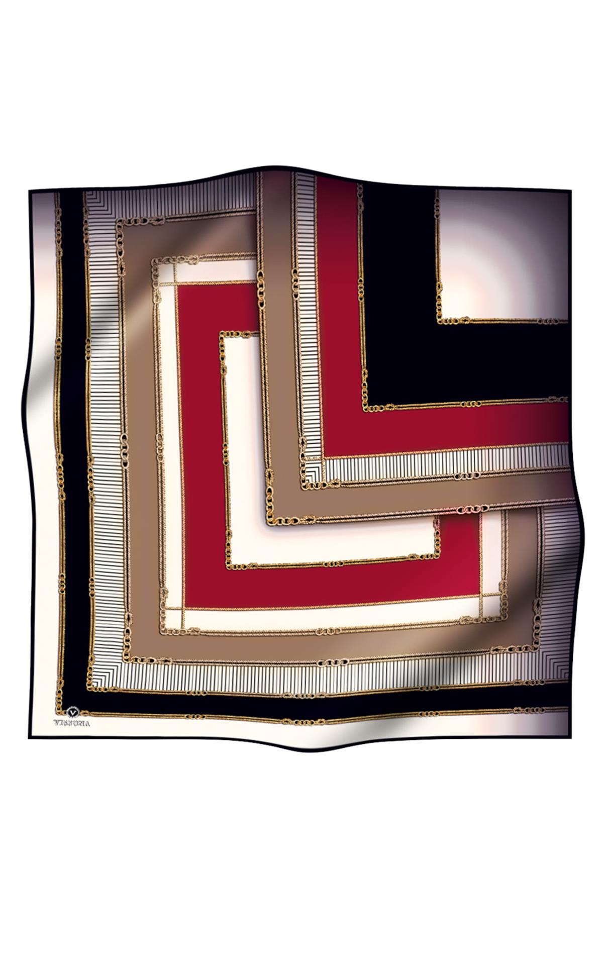 %100 Twill İpek Zincir Detaylı Geometrik Desenli Bordo - Bej Renkli 90x90 Eşarp Dikim Şekli : El Dikişi