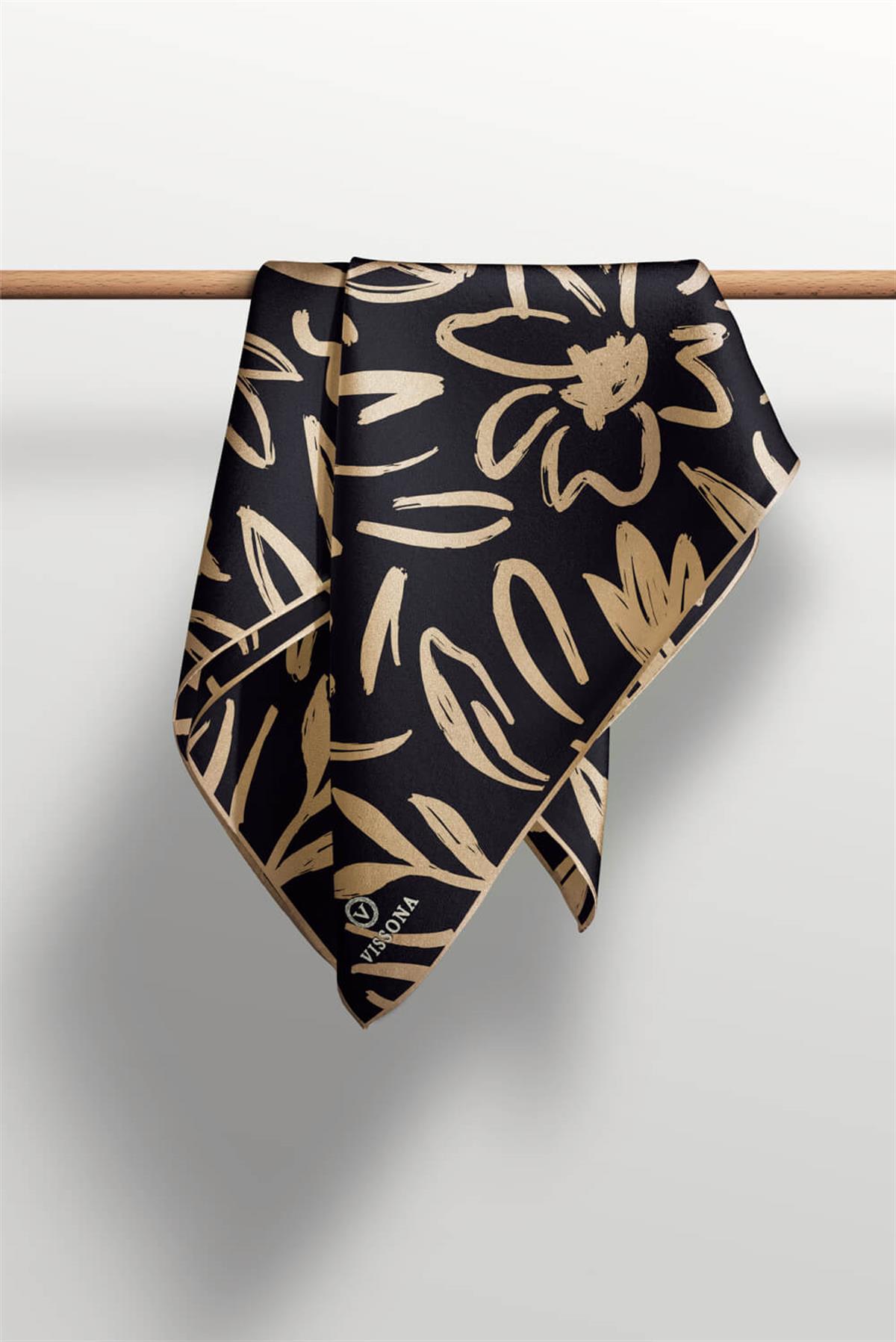 %100 Twill İpek Büyük Çiçek Desenli Siyah - Bej Renkli 90x90 Eşarp Dikim Şekli : El Dikişi