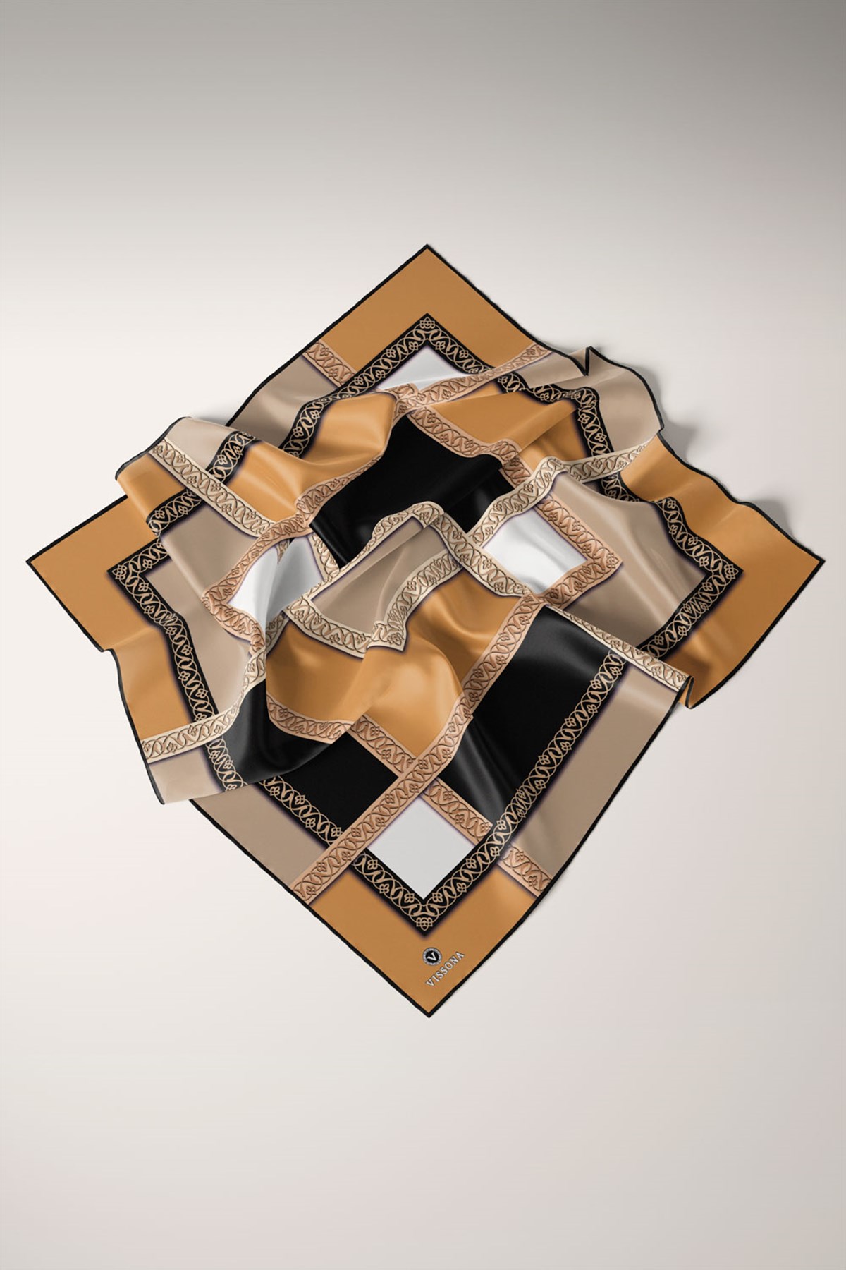 %100 Twill İpek Geometrik Desenli Gold - Siyah Renkli 90x90 Eşarp Dikim Şekli : El Dikişi