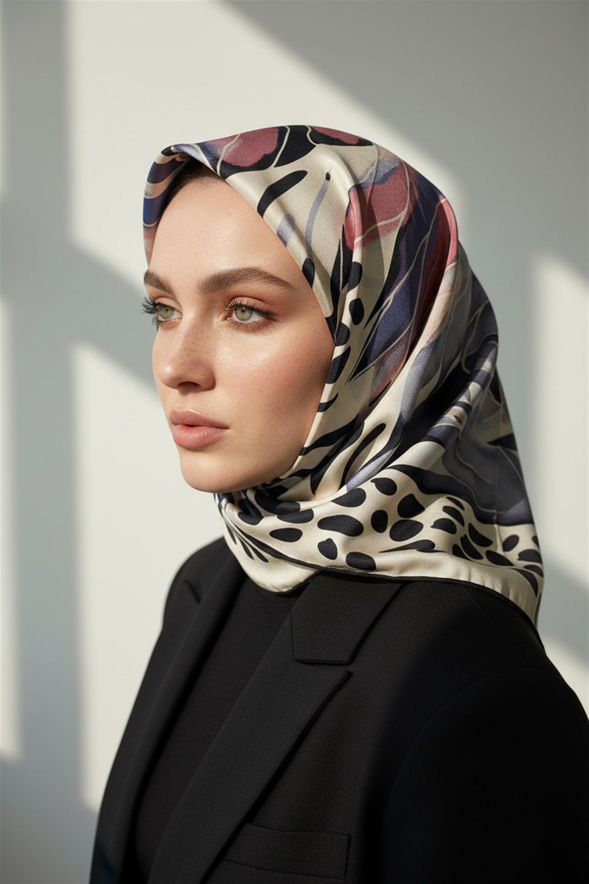 %100 Twill İpek Amazon Desenli Pudra - Gri Renkli 90x90 Eşarp Kenar Dikiş Şekli El Dikişli